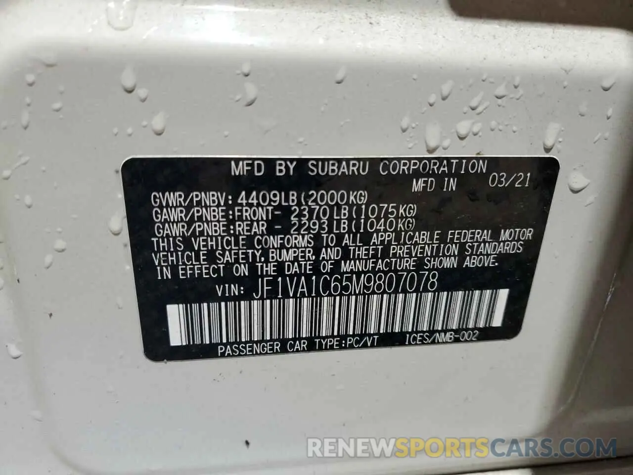 12 Photograph of a damaged car JF1VA1C65M9807078 SUBARU WRX 2021