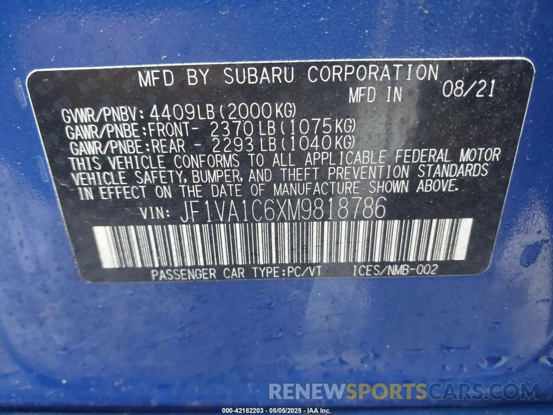 9 Photograph of a damaged car JF1VA1C6XM9818786 SUBARU WRX 2021