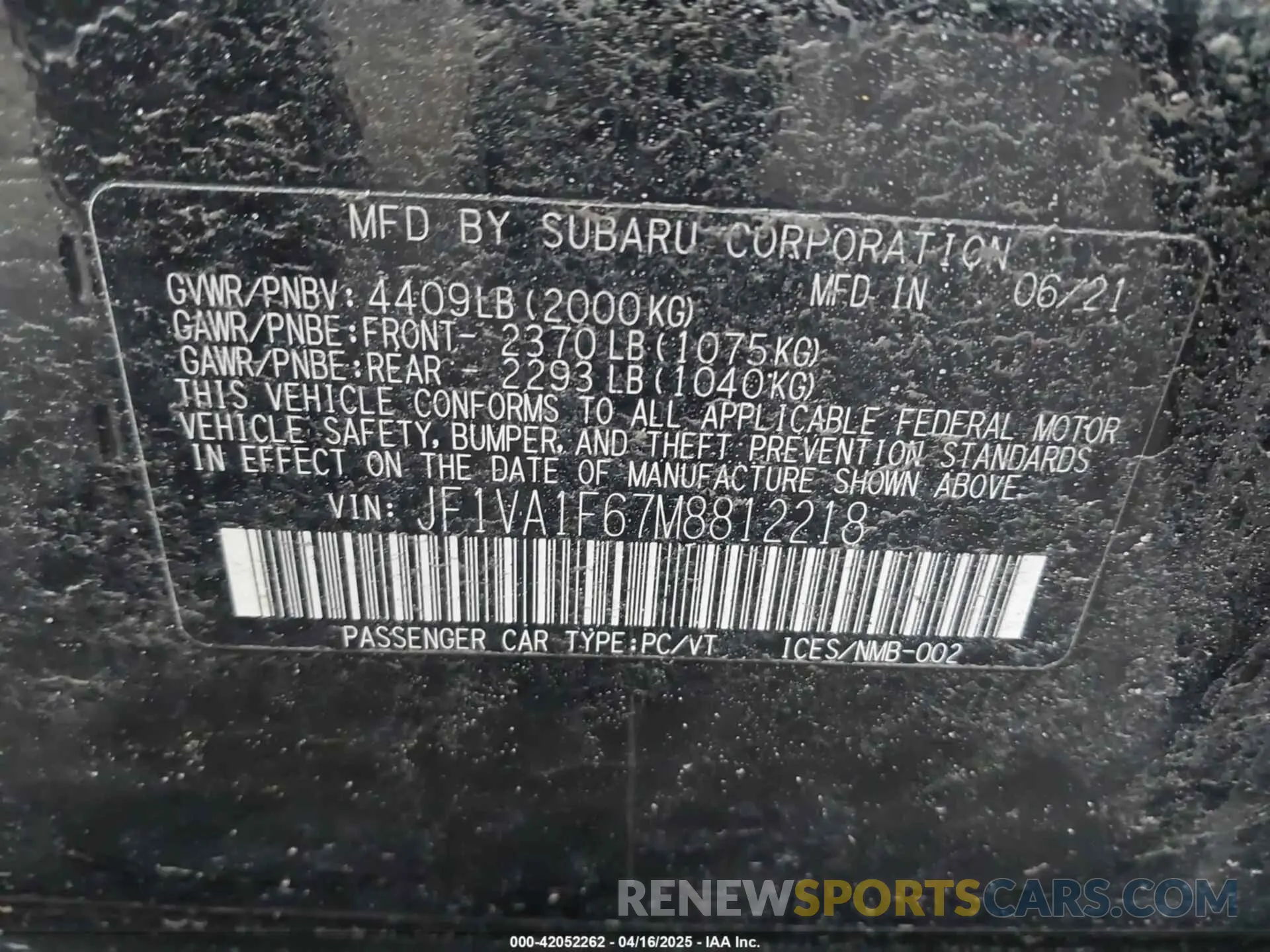 9 Photograph of a damaged car JF1VA1F67M8812218 SUBARU WRX 2021