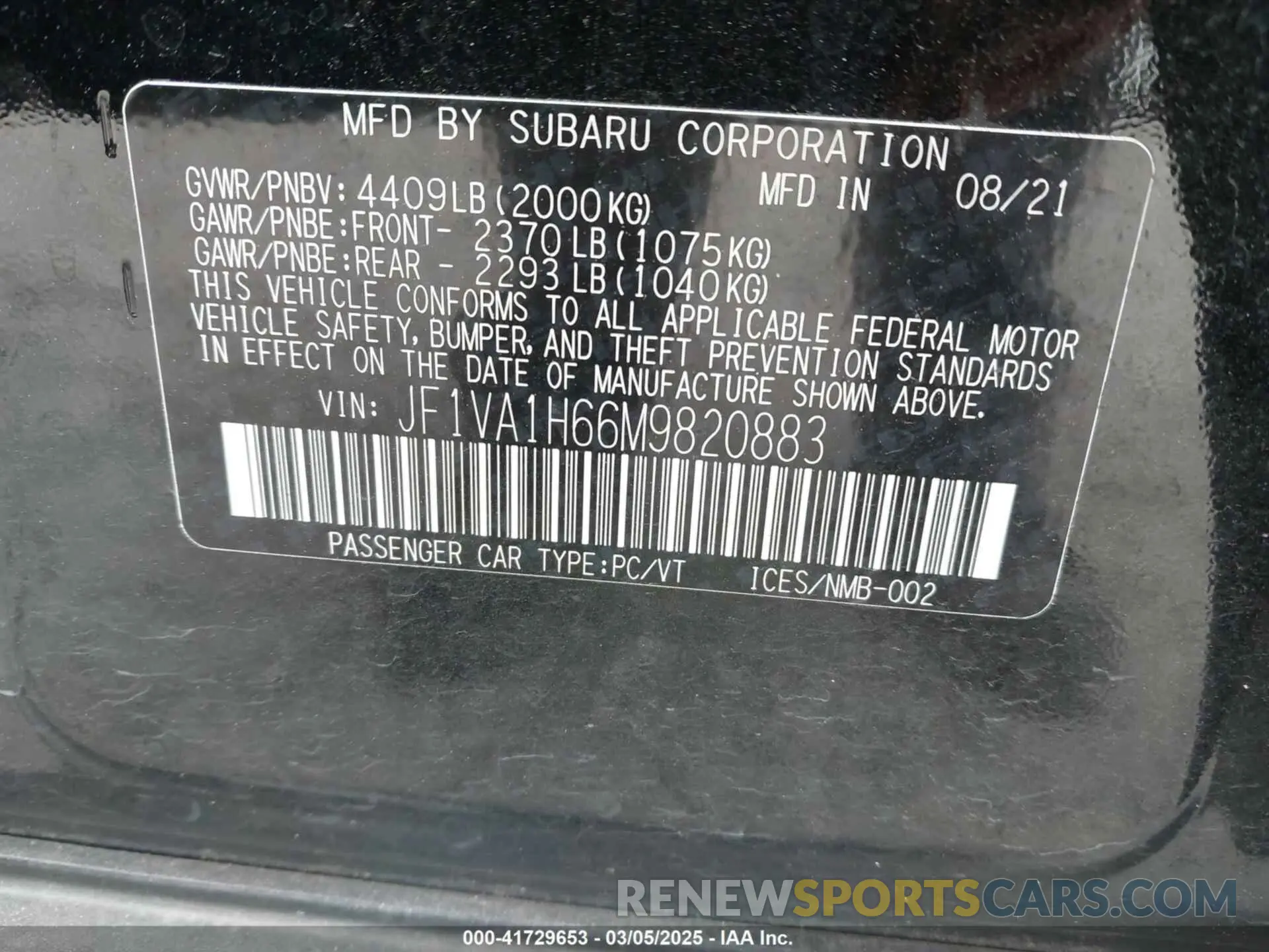9 Photograph of a damaged car JF1VA1H66M9820883 SUBARU WRX 2021