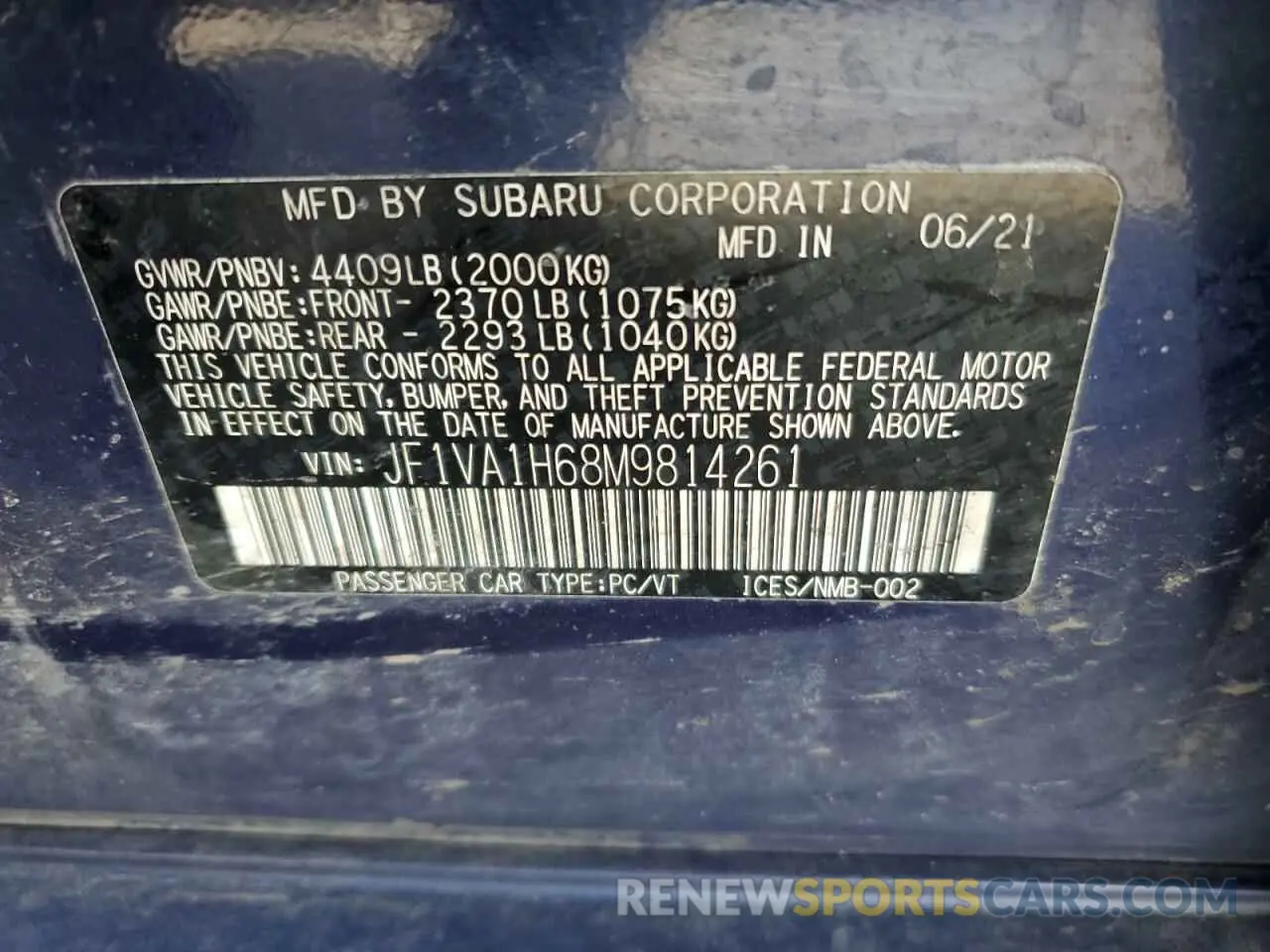 12 Photograph of a damaged car JF1VA1H68M9814261 SUBARU WRX 2021