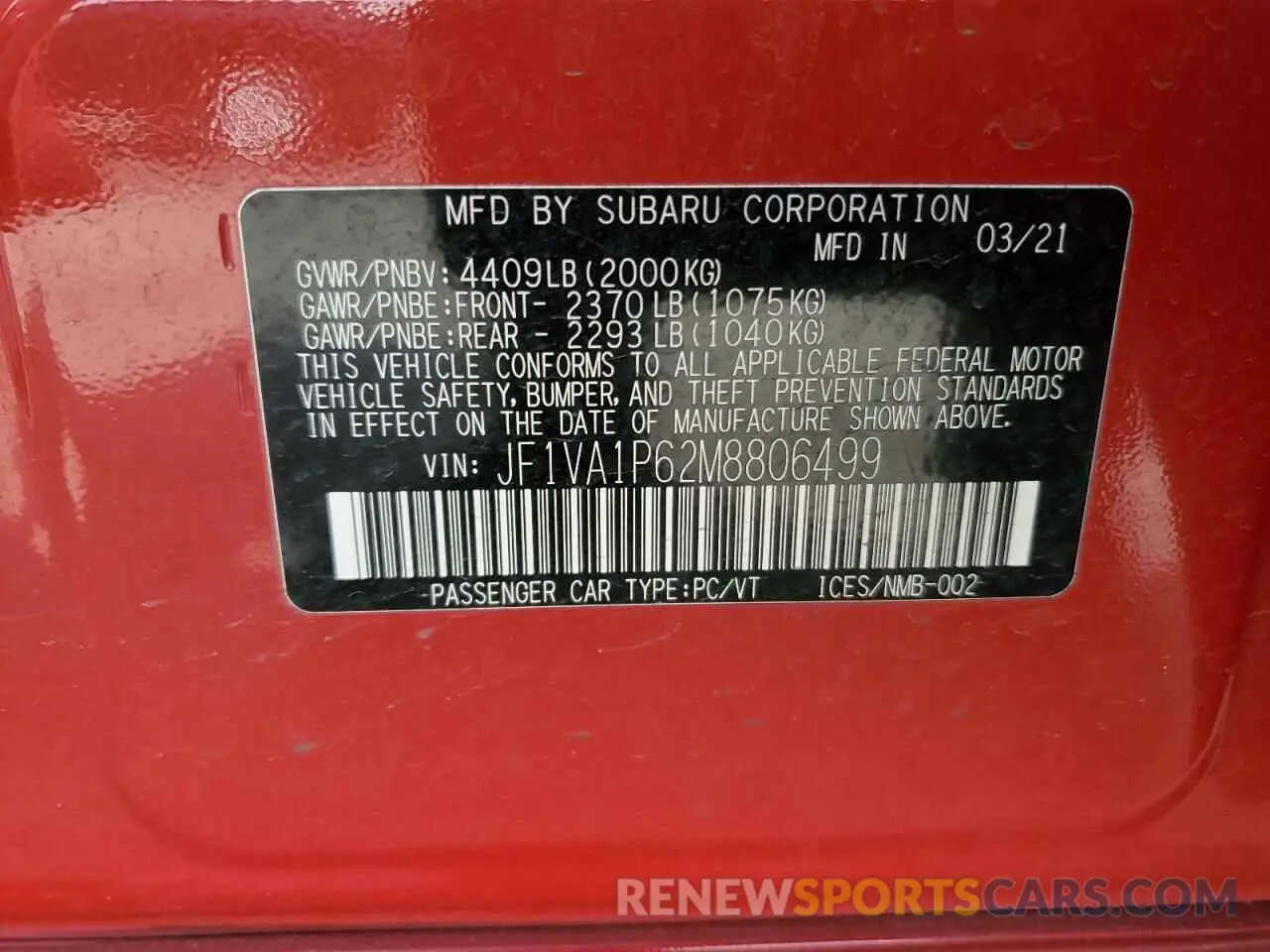 12 Photograph of a damaged car JF1VA1P62M8806499 SUBARU WRX 2021
