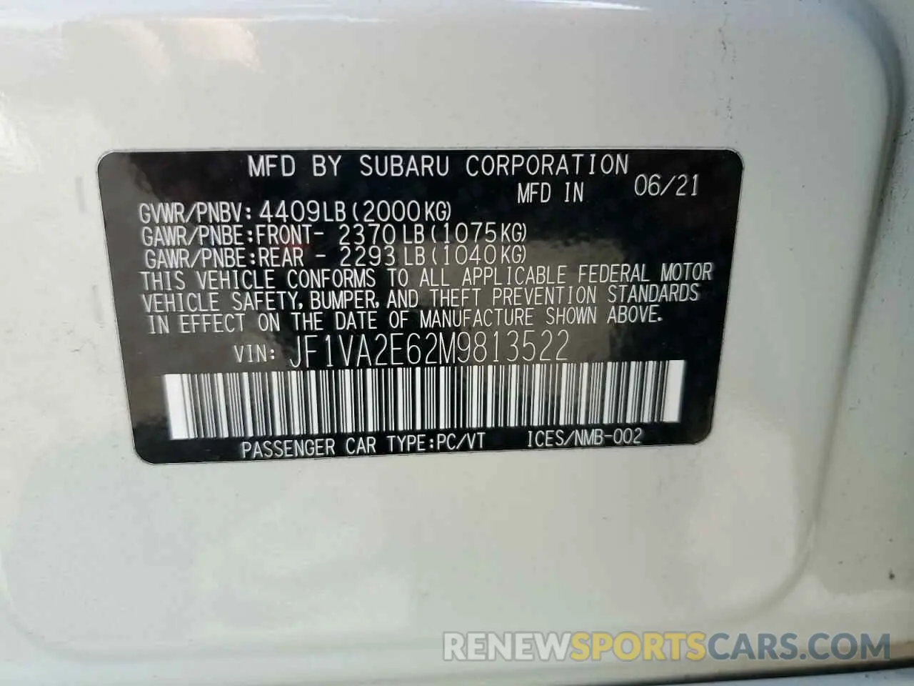 12 Photograph of a damaged car JF1VA2E62M9813522 SUBARU WRX 2021