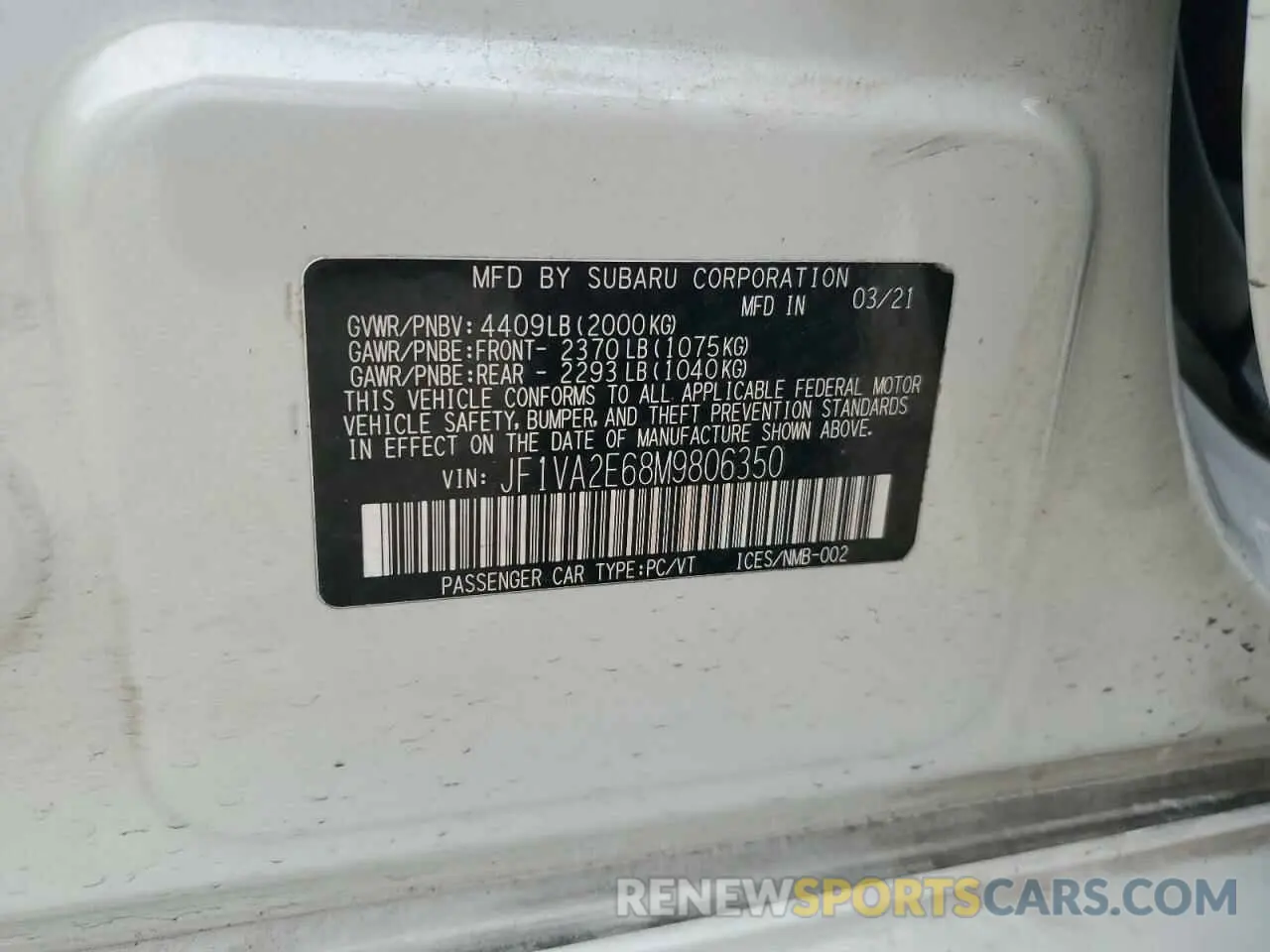 12 Photograph of a damaged car JF1VA2E68M9806350 SUBARU WRX 2021