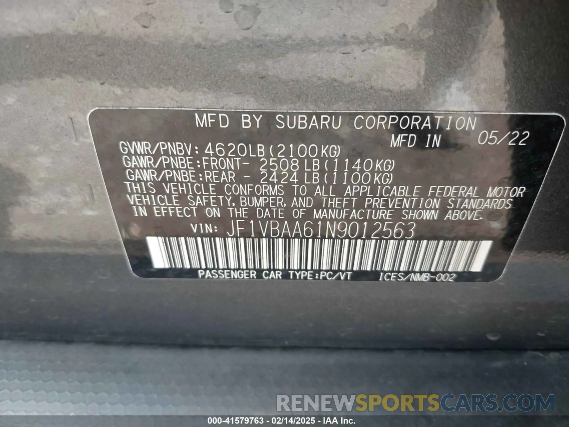 9 Photograph of a damaged car JF1VBAA61N9012563 SUBARU WRX 2022