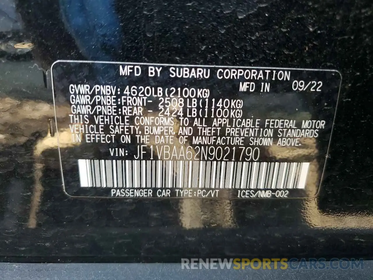 12 Photograph of a damaged car JF1VBAA62N9021790 SUBARU WRX 2022