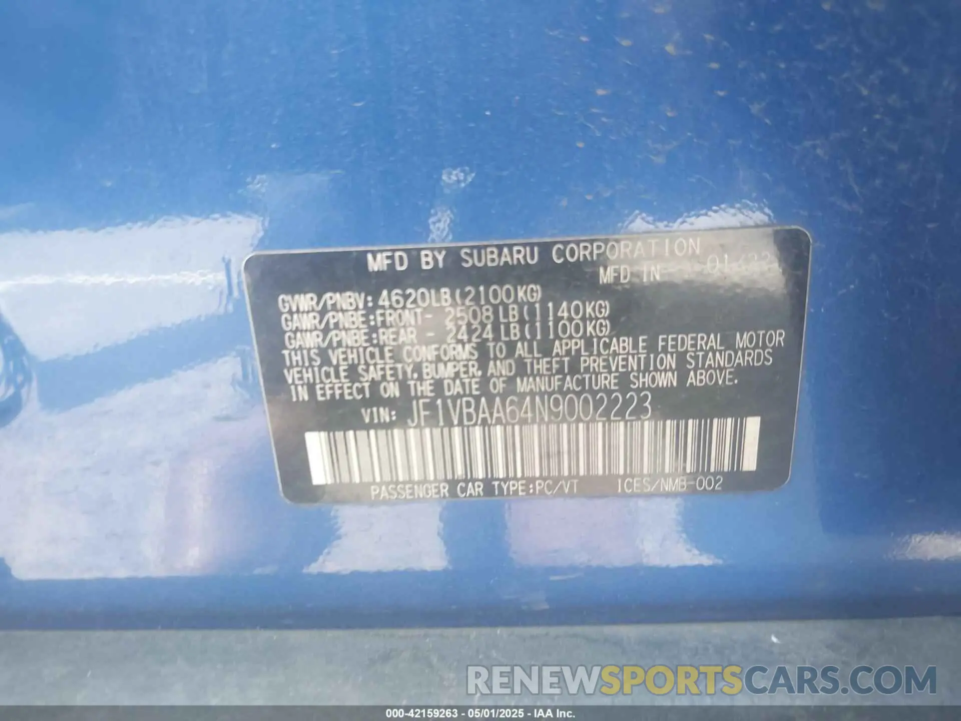 9 Photograph of a damaged car JF1VBAA64N9002223 SUBARU WRX 2022