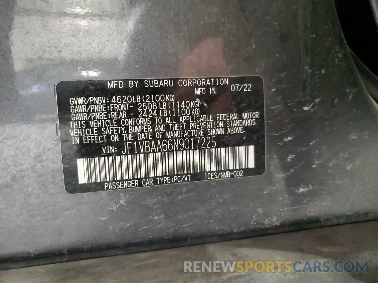 12 Photograph of a damaged car JF1VBAA66N9017225 SUBARU WRX 2022