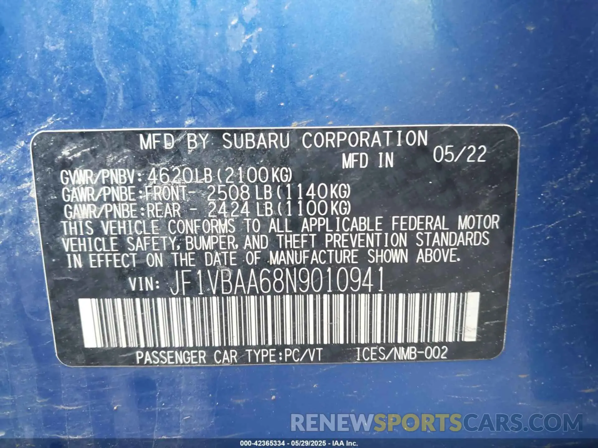 9 Photograph of a damaged car JF1VBAA68N9010941 SUBARU WRX 2022