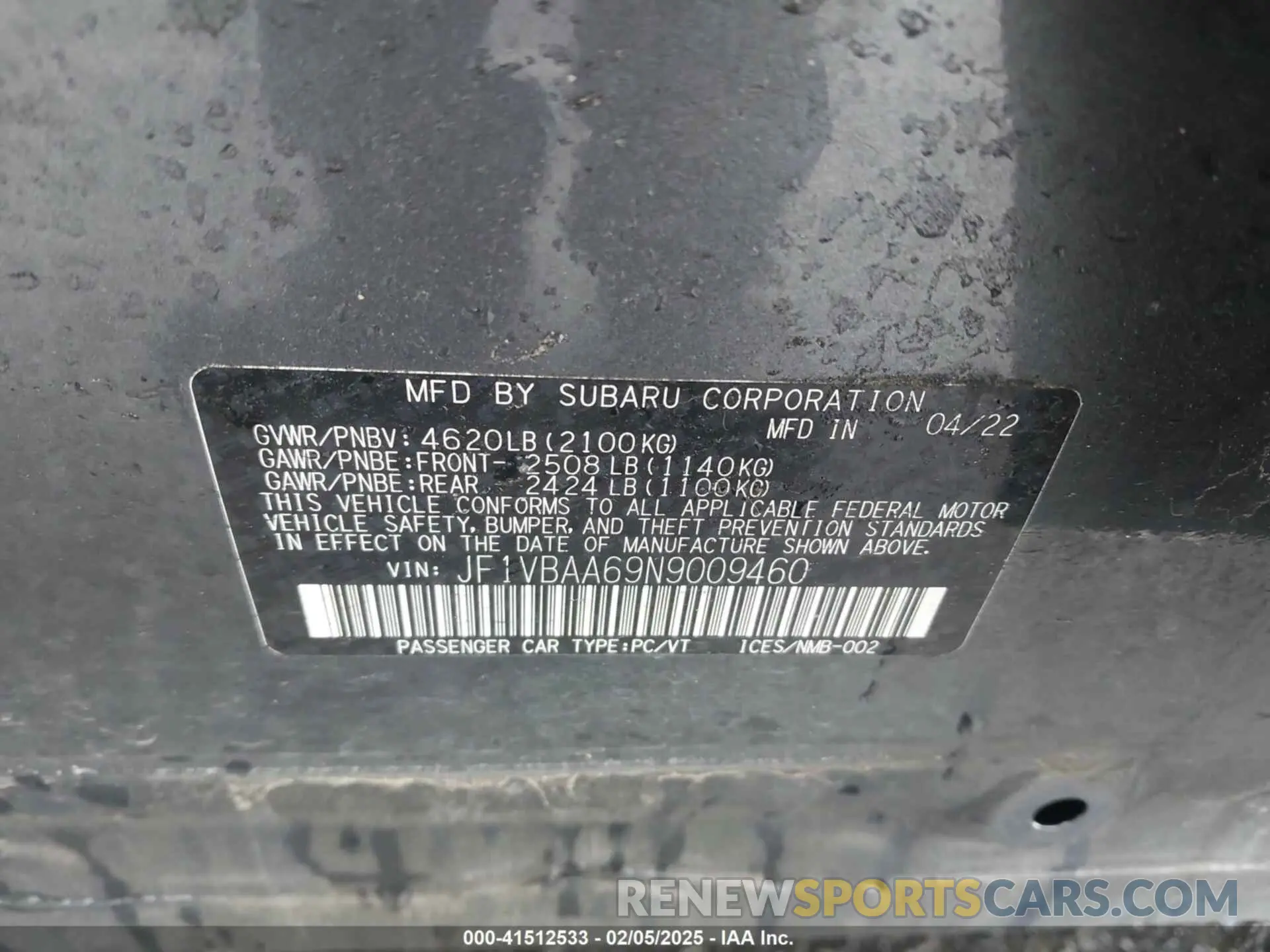 9 Photograph of a damaged car JF1VBAA69N9009460 SUBARU WRX 2022