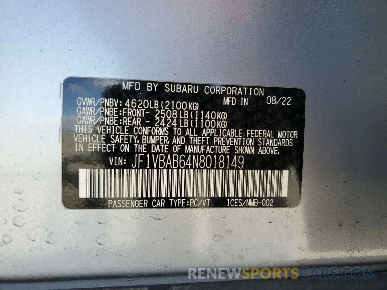 12 Photograph of a damaged car JF1VBAB64N8018149 SUBARU WRX 2022