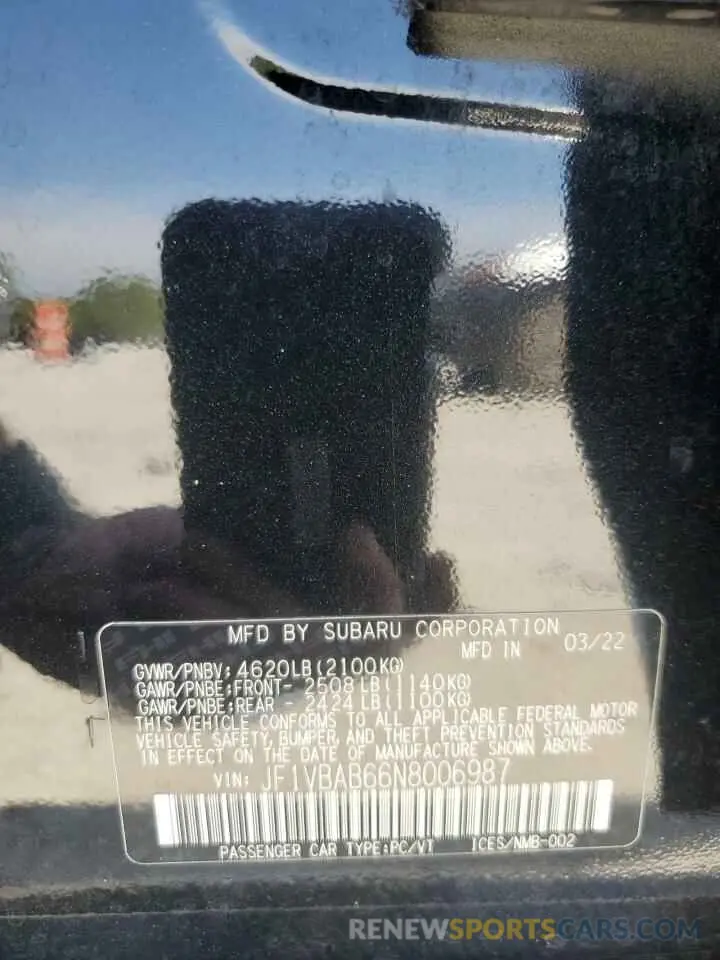12 Photograph of a damaged car JF1VBAB66N8006987 SUBARU WRX 2022
