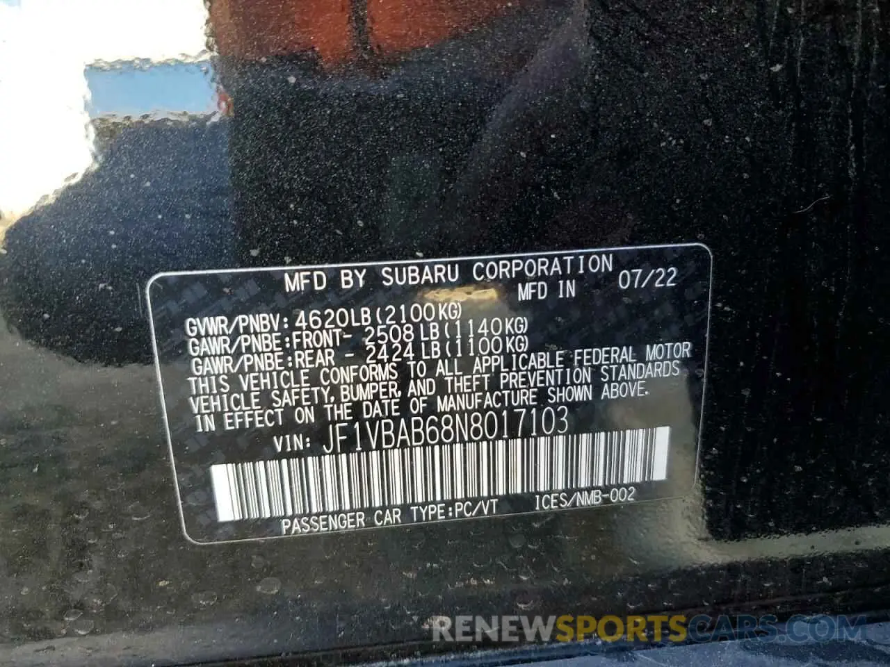 12 Photograph of a damaged car JF1VBAB68N8017103 SUBARU WRX 2022