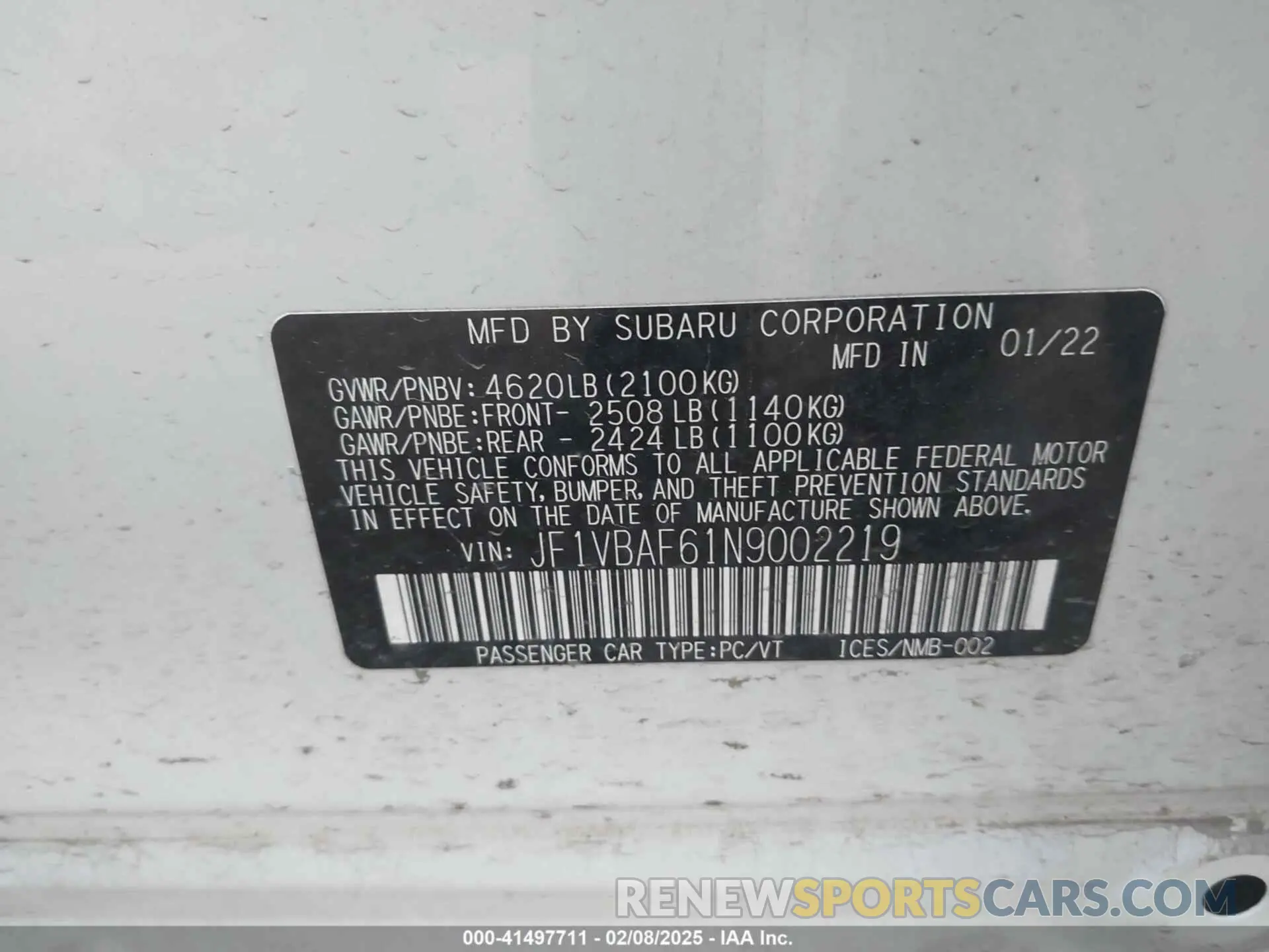 9 Photograph of a damaged car JF1VBAF61N9002219 SUBARU WRX 2022