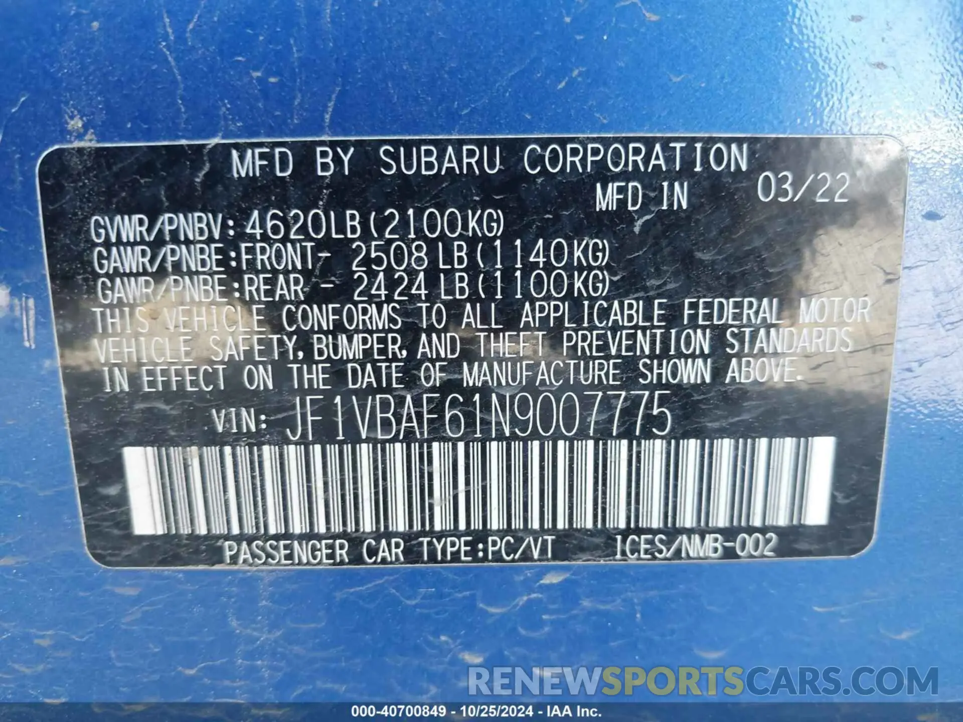 9 Photograph of a damaged car JF1VBAF61N9007775 SUBARU WRX 2022