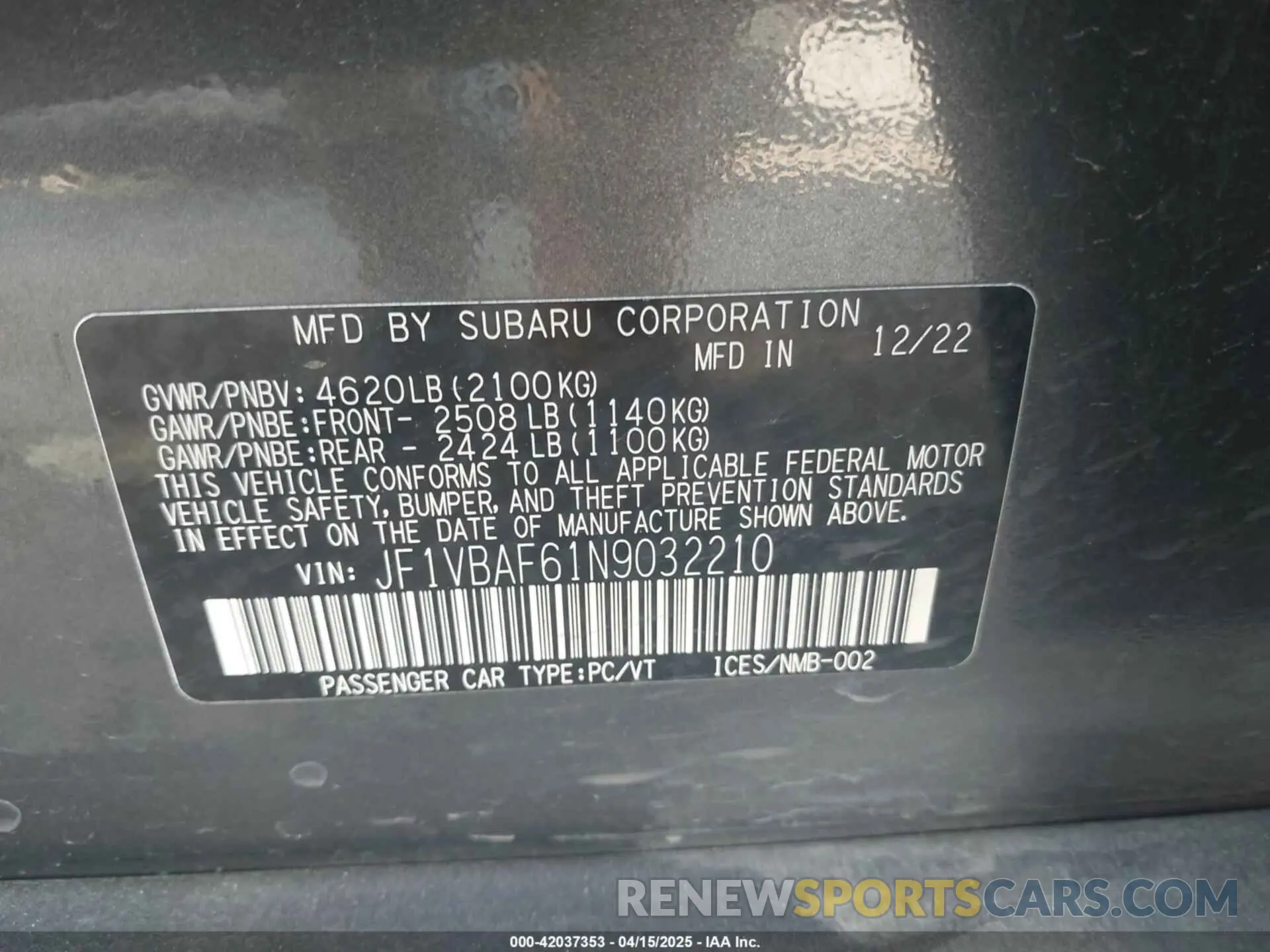 9 Photograph of a damaged car JF1VBAF61N9032210 SUBARU WRX 2022