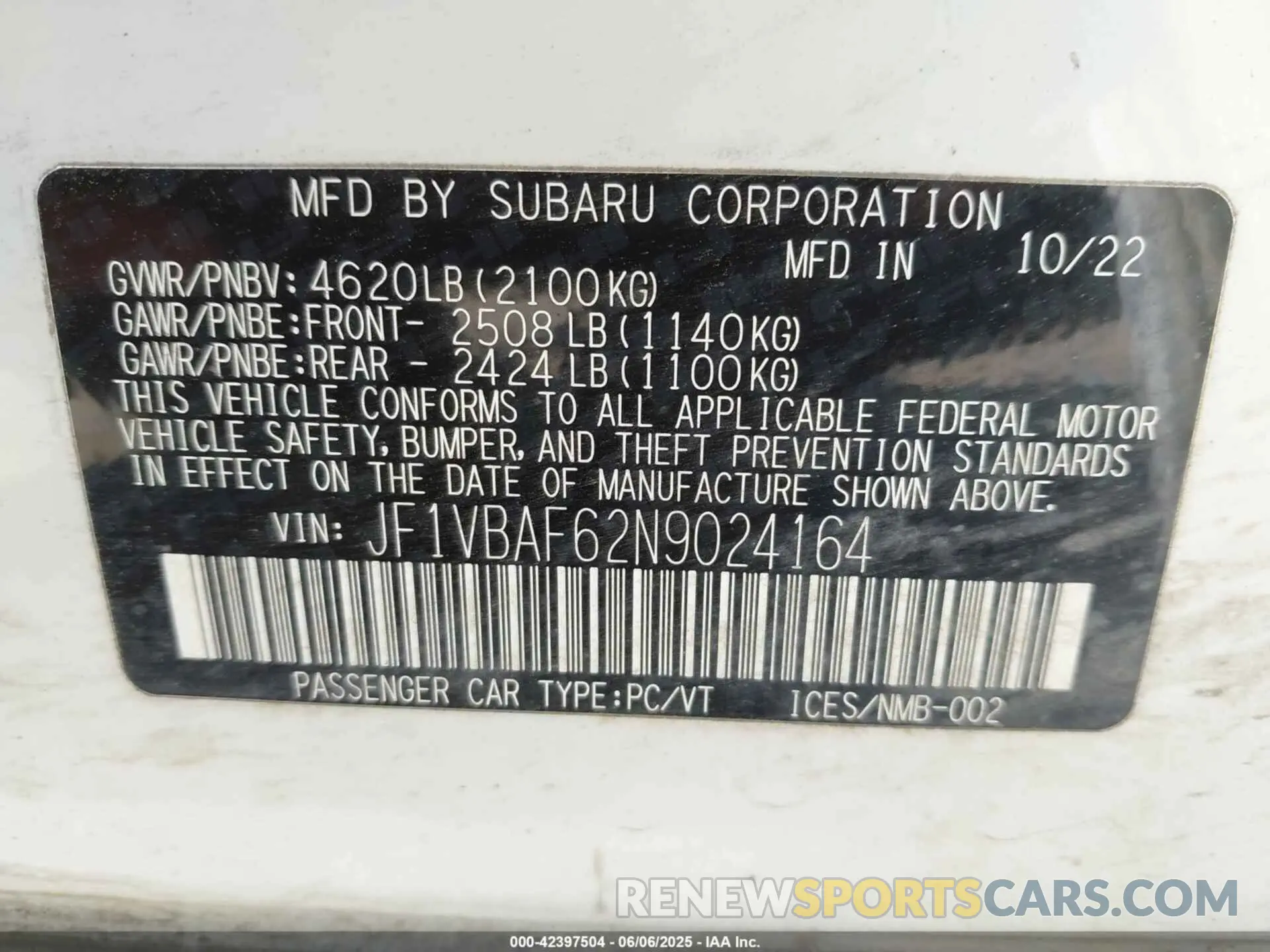 9 Photograph of a damaged car JF1VBAF62N9024164 SUBARU WRX 2022