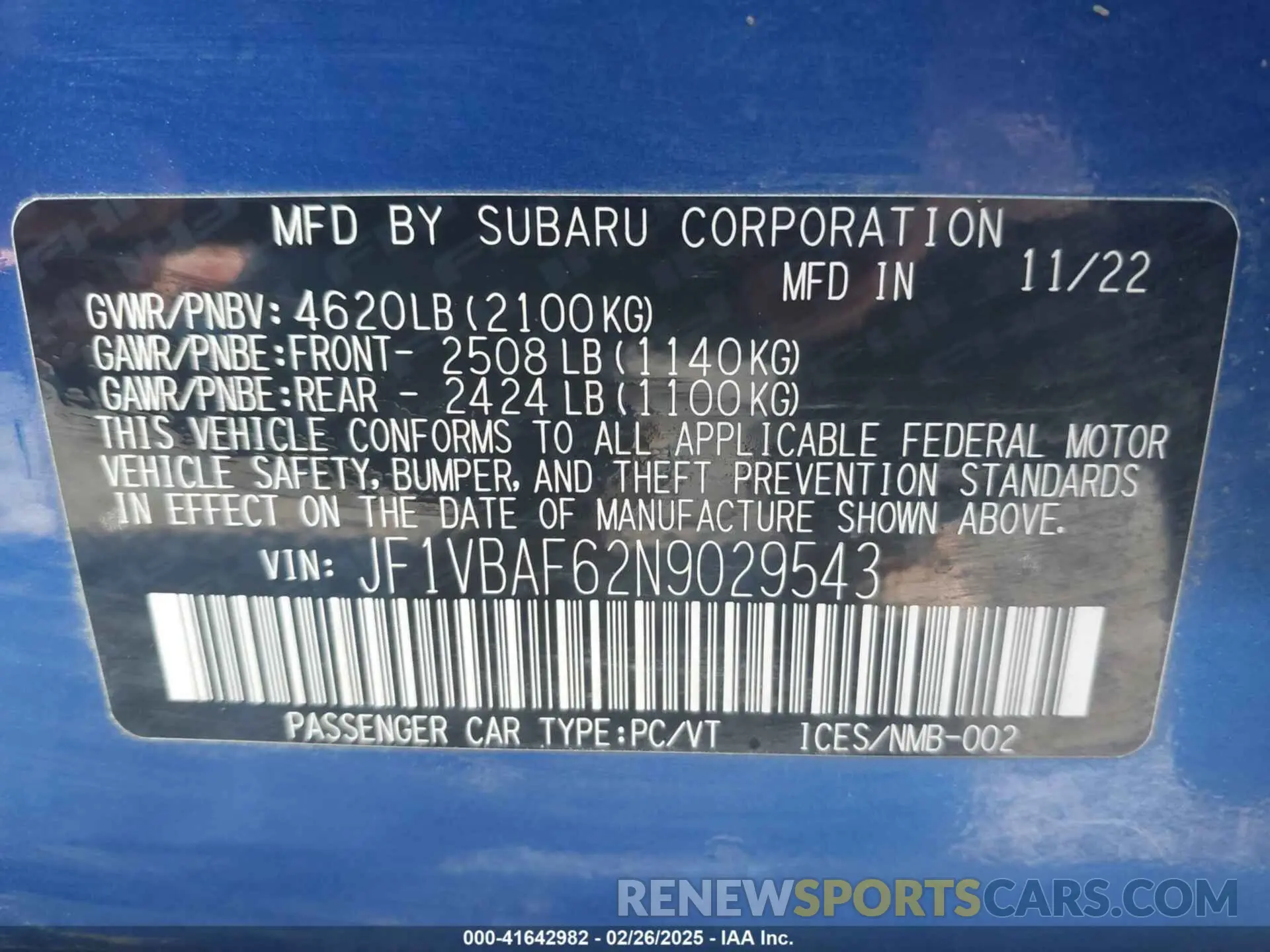 9 Photograph of a damaged car JF1VBAF62N9029543 SUBARU WRX 2022