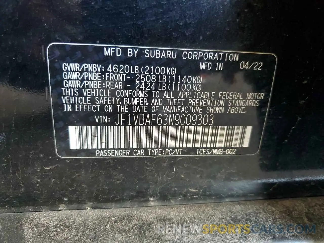 12 Photograph of a damaged car JF1VBAF63N9009303 SUBARU WRX 2022