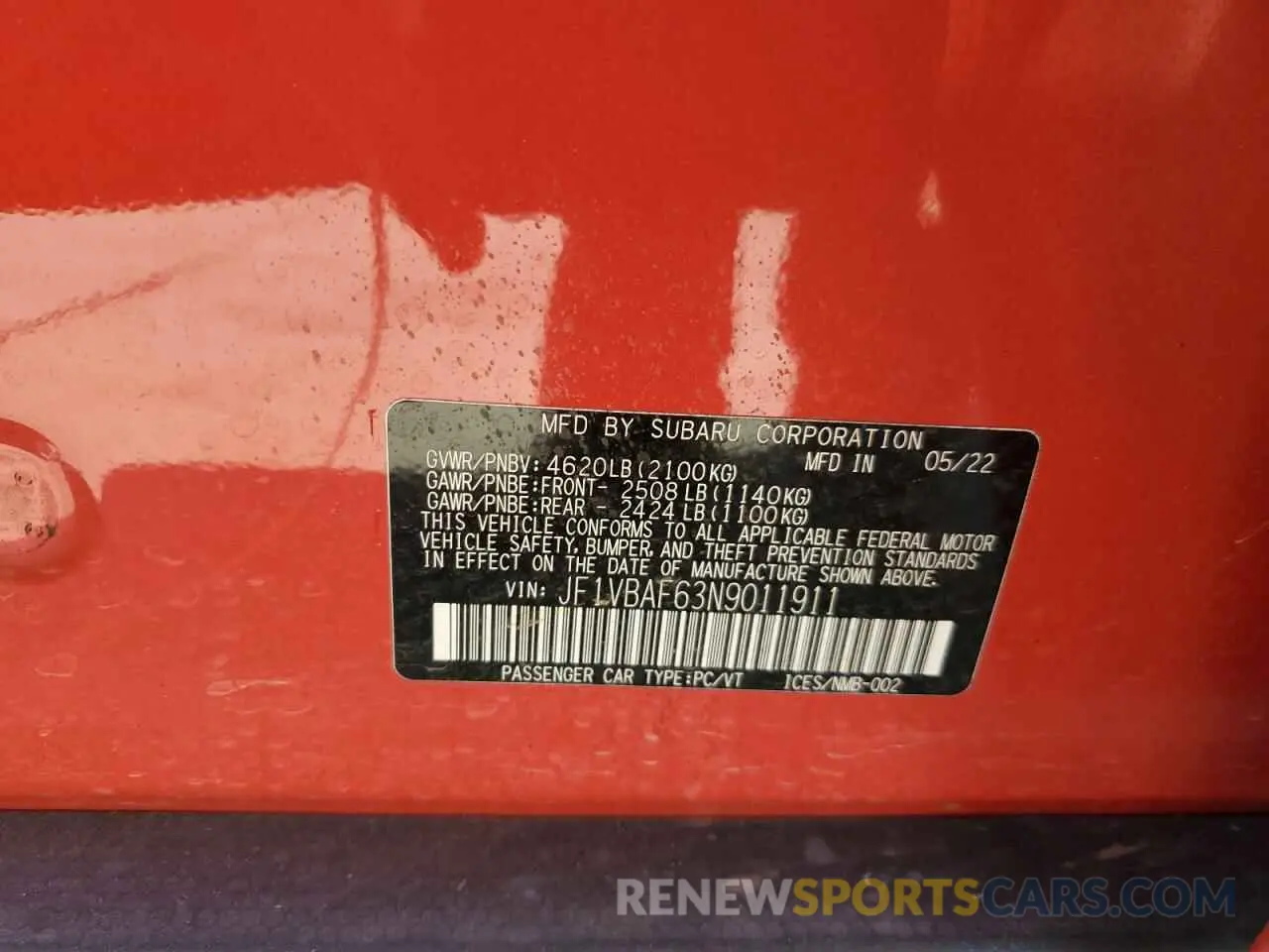 12 Photograph of a damaged car JF1VBAF63N9011911 SUBARU WRX 2022