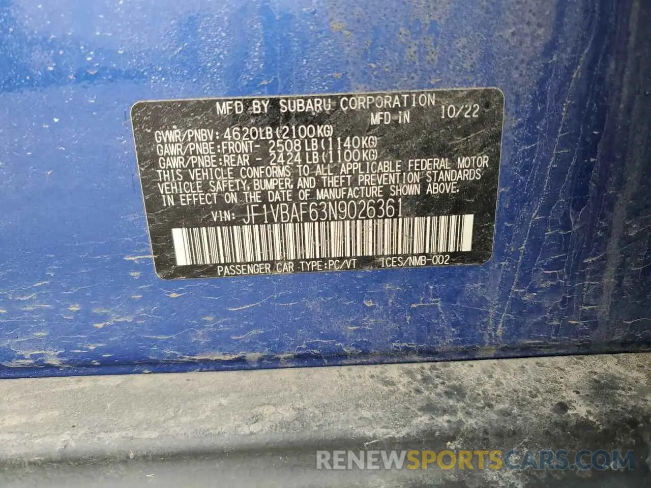 12 Photograph of a damaged car JF1VBAF63N9026361 SUBARU WRX 2022