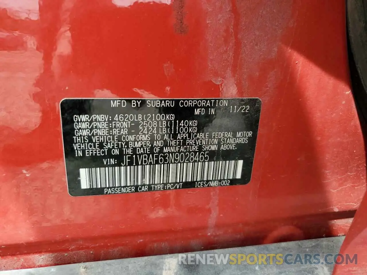 12 Photograph of a damaged car JF1VBAF63N9028465 SUBARU WRX 2022