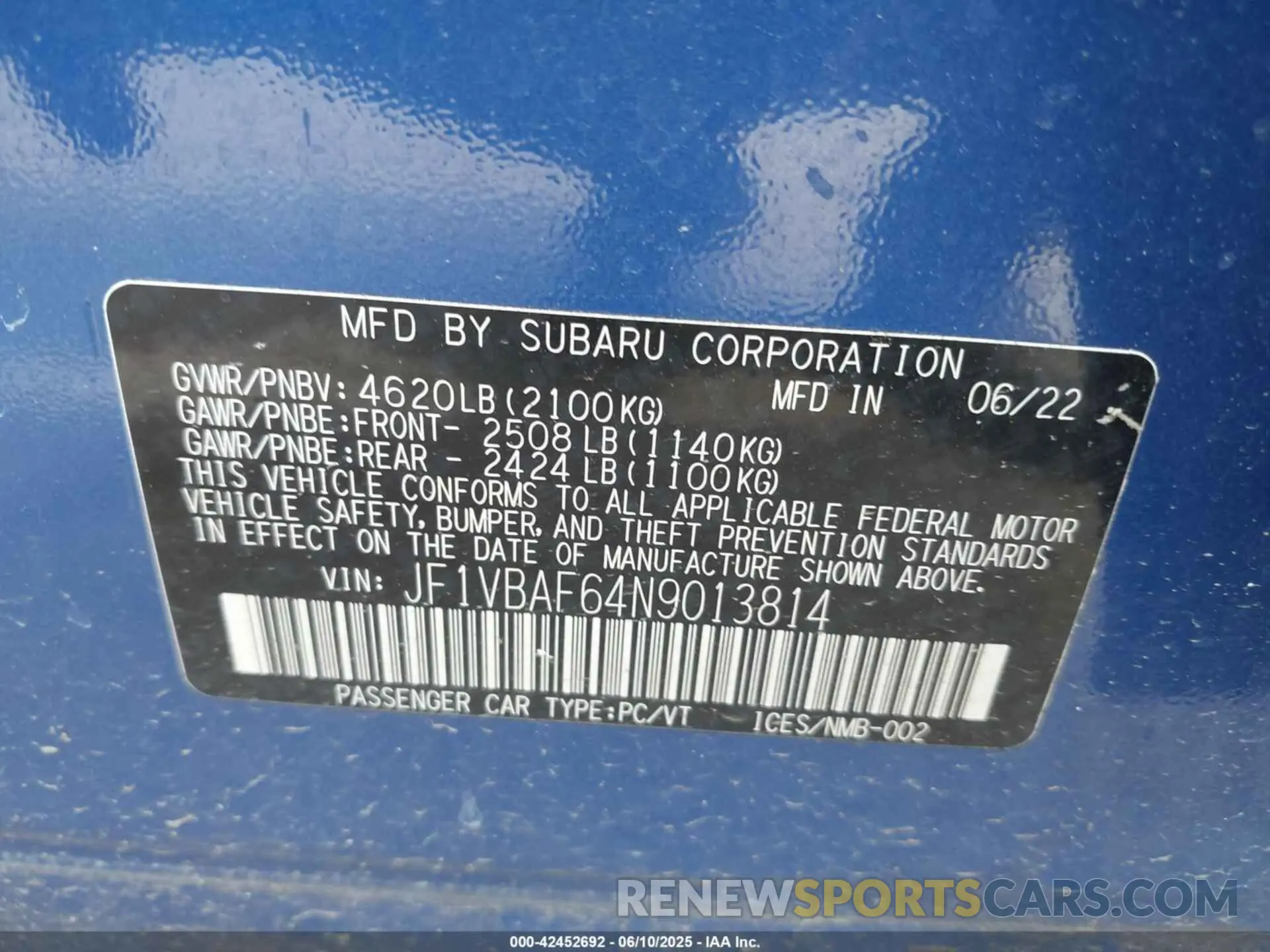 9 Photograph of a damaged car JF1VBAF64N9013814 SUBARU WRX 2022