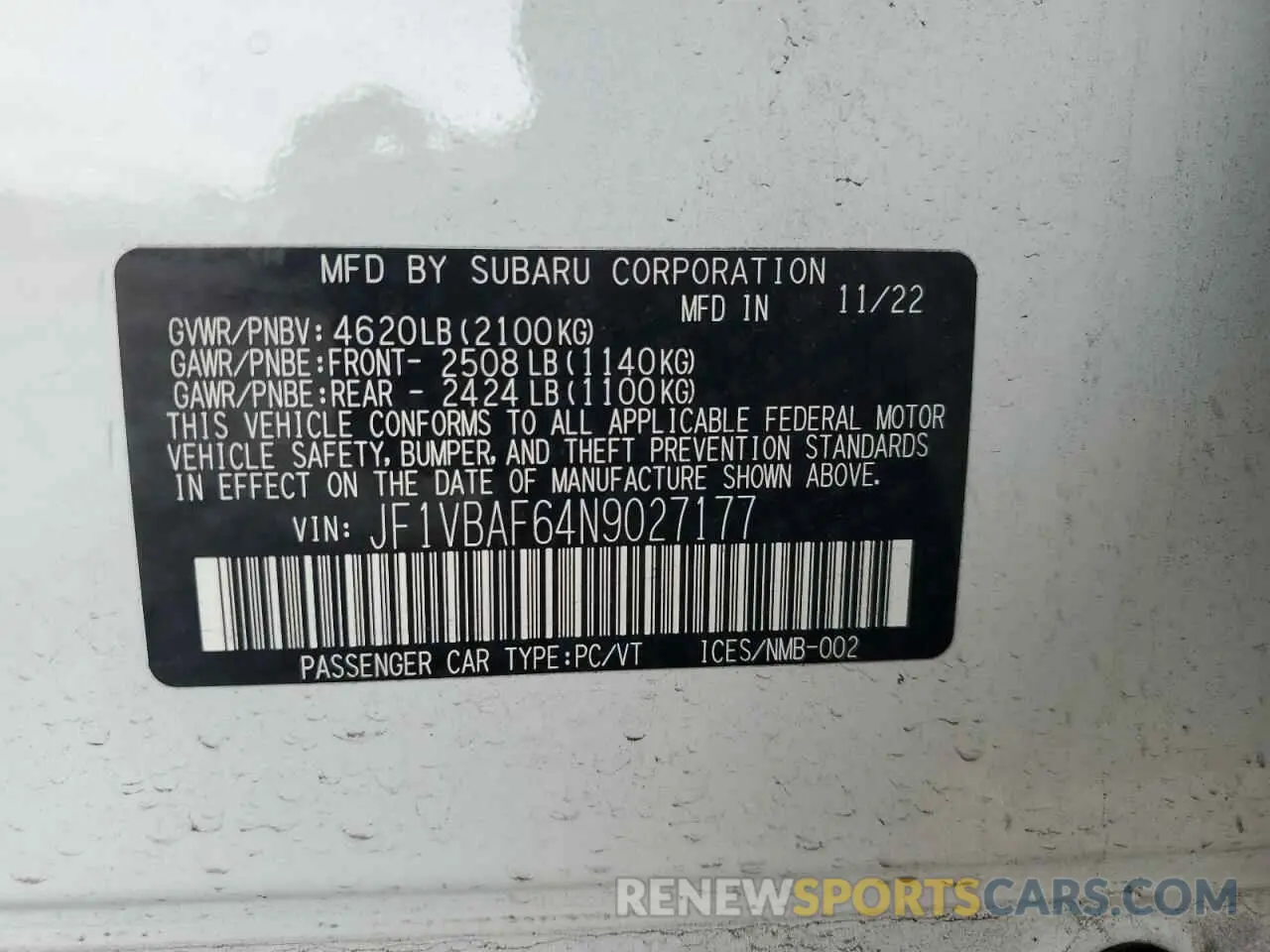 15 Photograph of a damaged car JF1VBAF64N9027177 SUBARU WRX 2022
