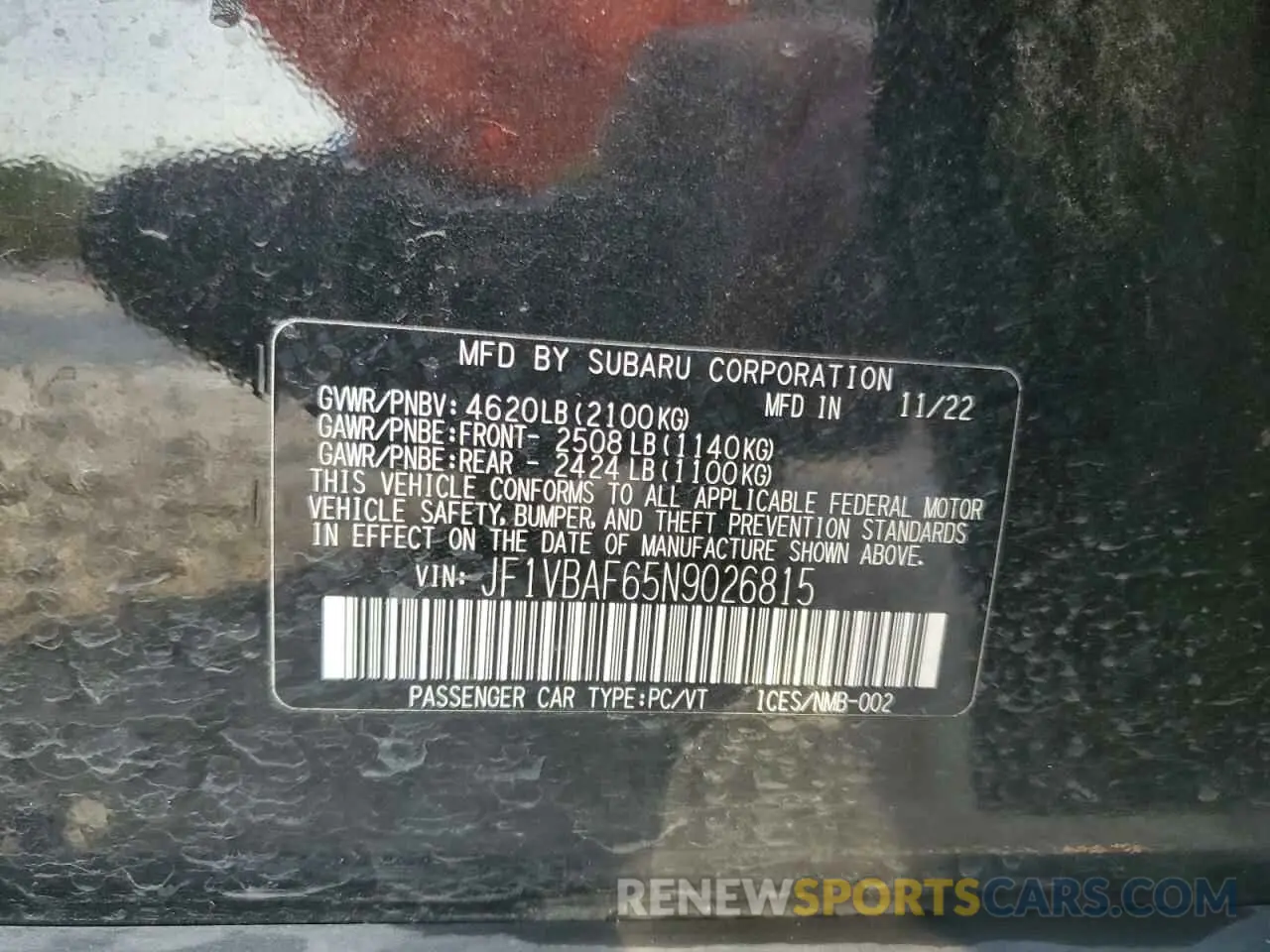12 Photograph of a damaged car JF1VBAF65N9026815 SUBARU WRX 2022