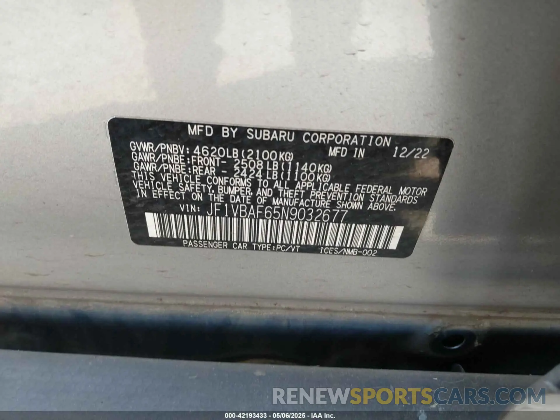 9 Photograph of a damaged car JF1VBAF65N9032677 SUBARU WRX 2022