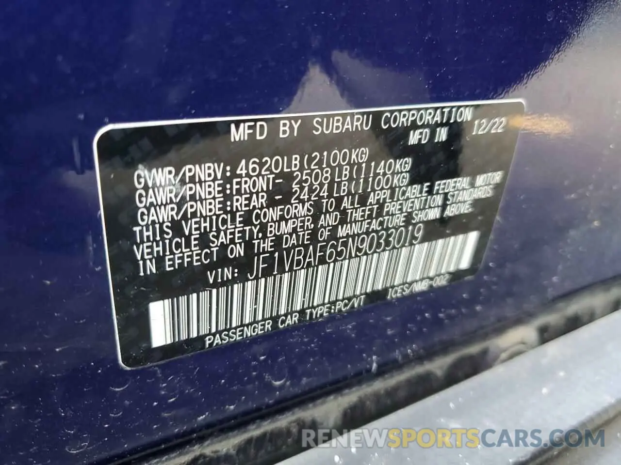 14 Photograph of a damaged car JF1VBAF65N9033019 SUBARU WRX 2022