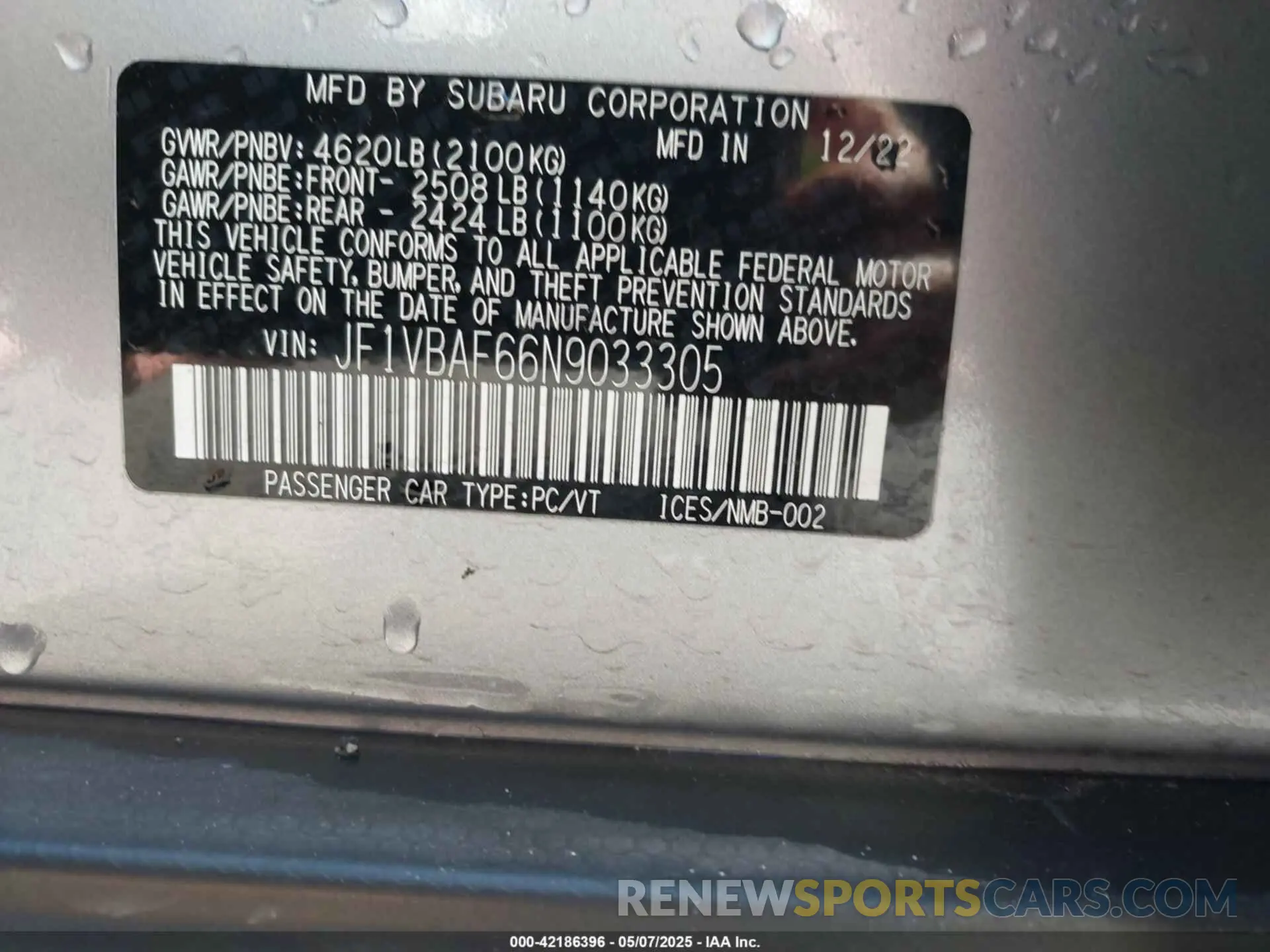9 Photograph of a damaged car JF1VBAF66N9033305 SUBARU WRX 2022