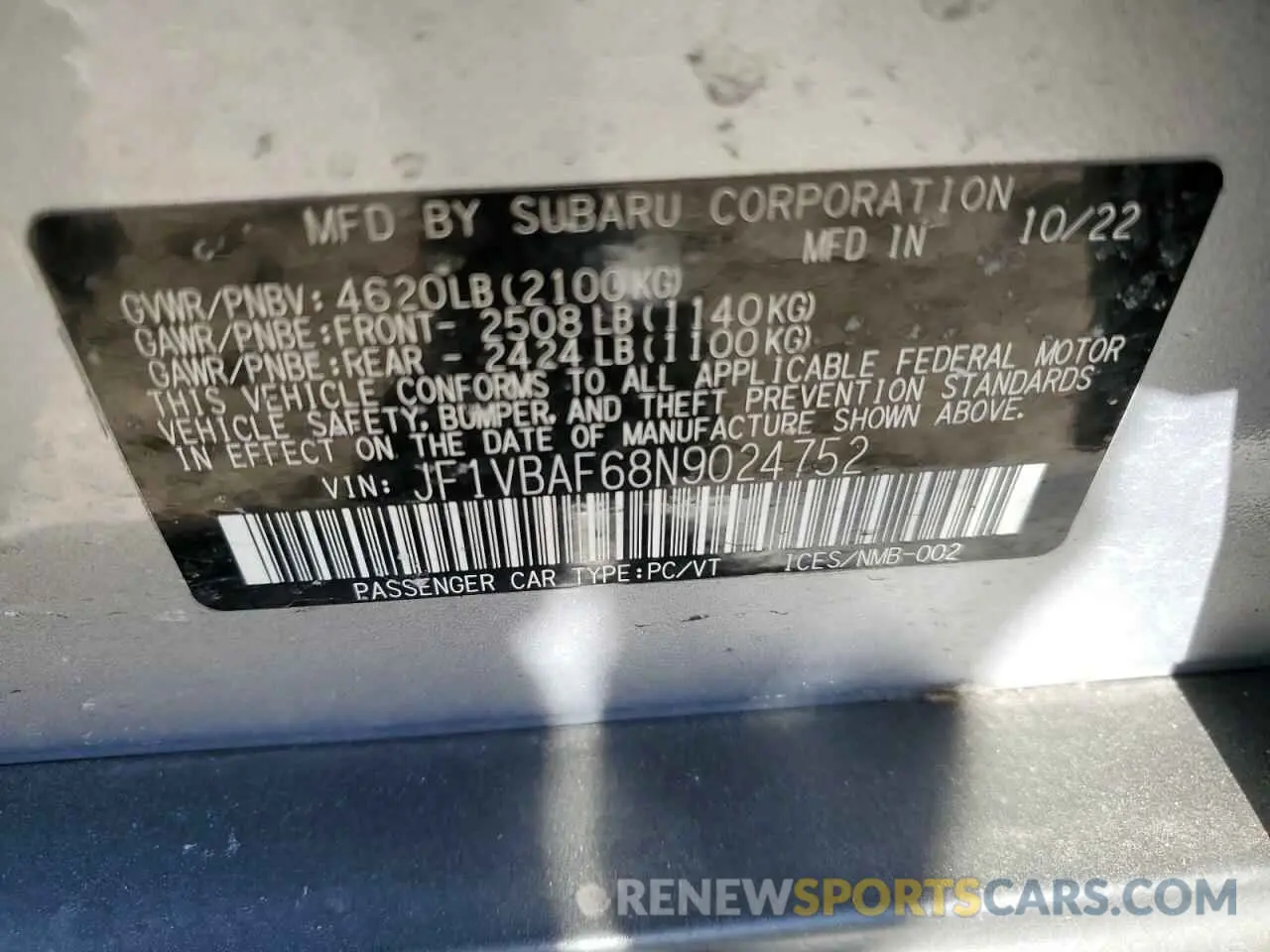 14 Photograph of a damaged car JF1VBAF68N9024752 SUBARU WRX 2022