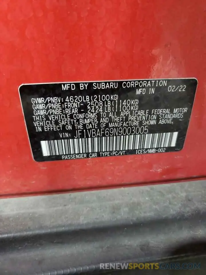 12 Photograph of a damaged car JF1VBAF69N9003005 SUBARU WRX 2022