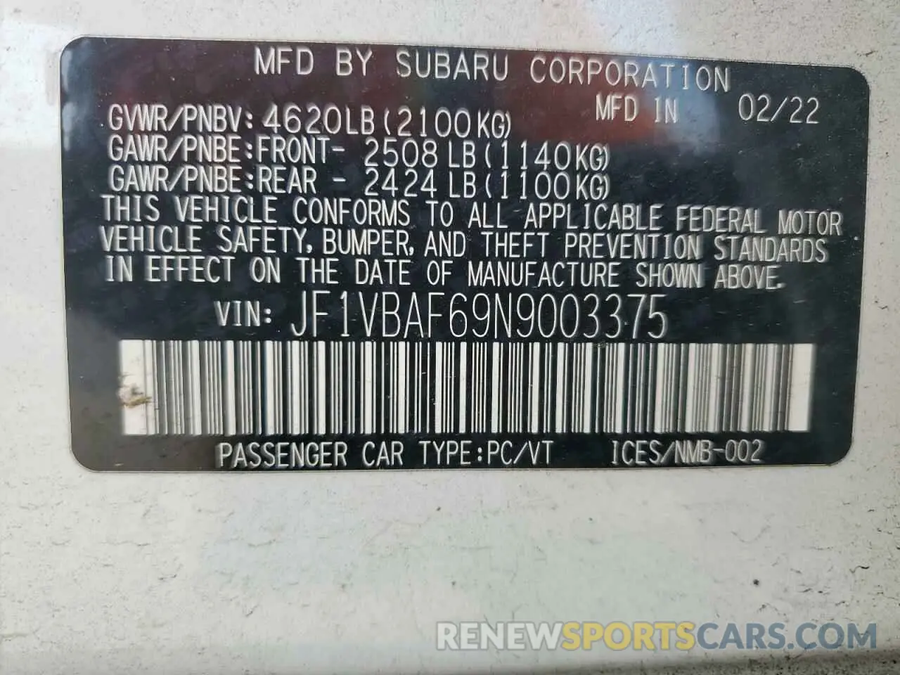13 Photograph of a damaged car JF1VBAF69N9003375 SUBARU WRX 2022