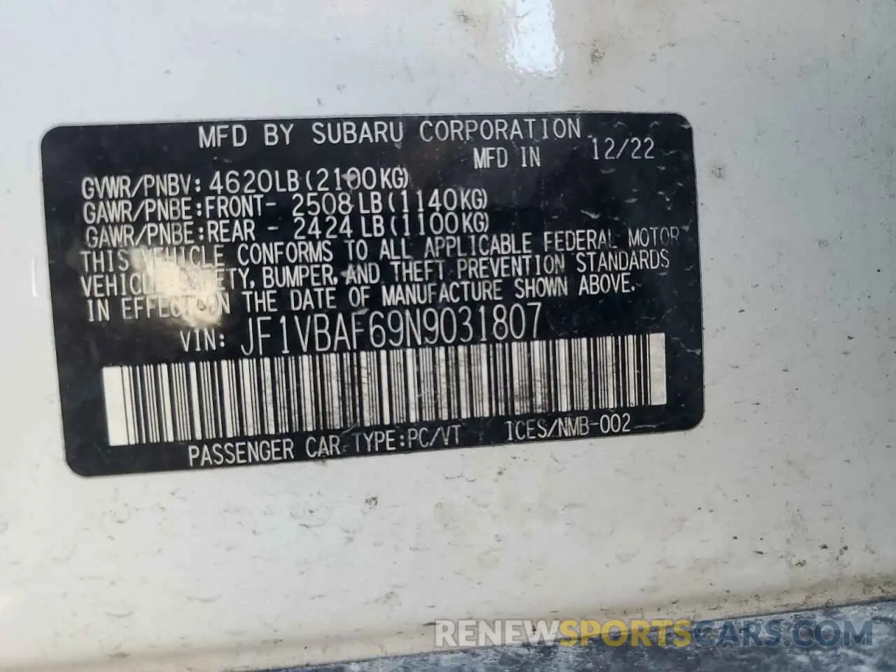 16 Photograph of a damaged car JF1VBAF69N9031807 SUBARU WRX 2022