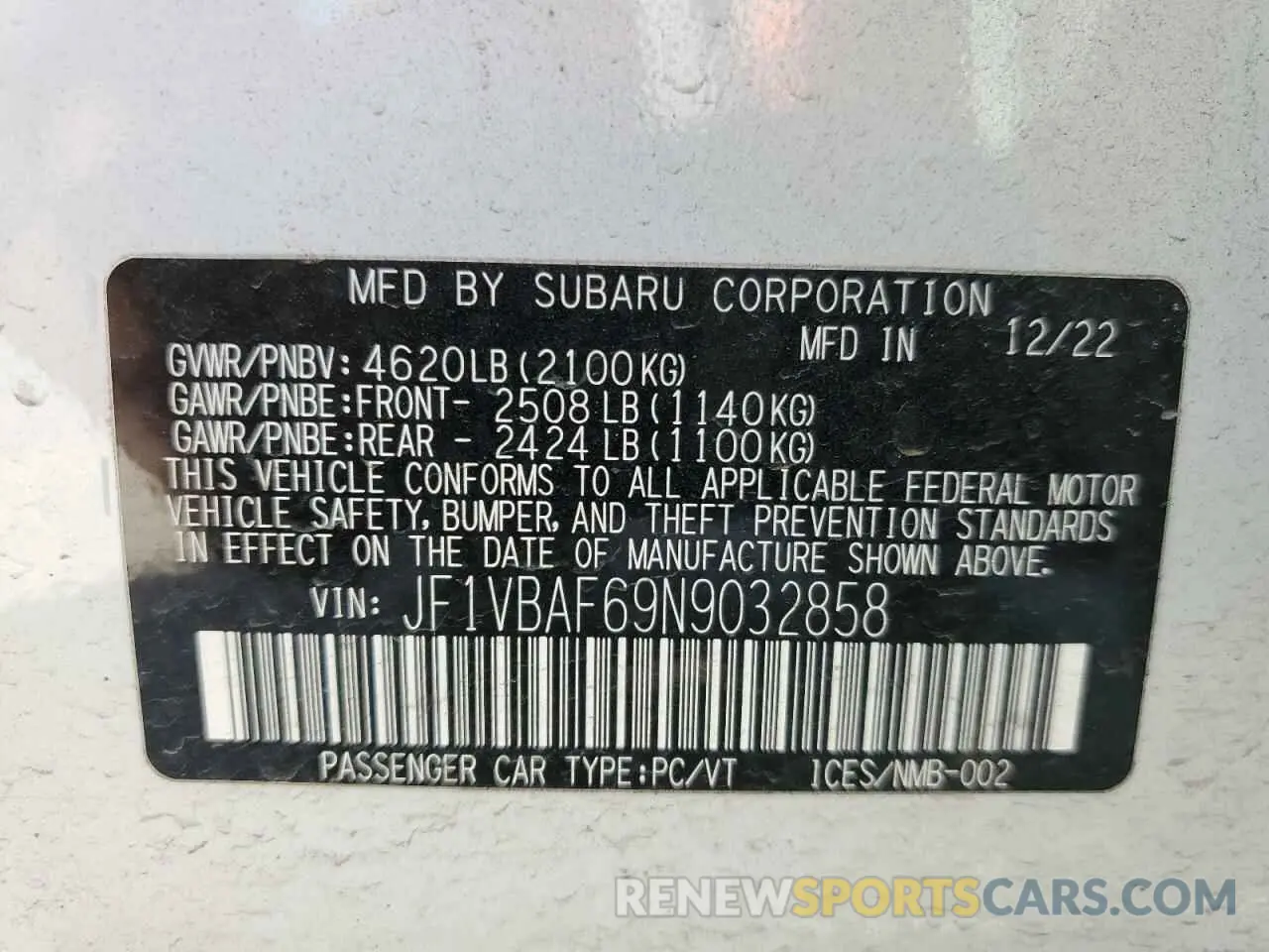 12 Photograph of a damaged car JF1VBAF69N9032858 SUBARU WRX 2022