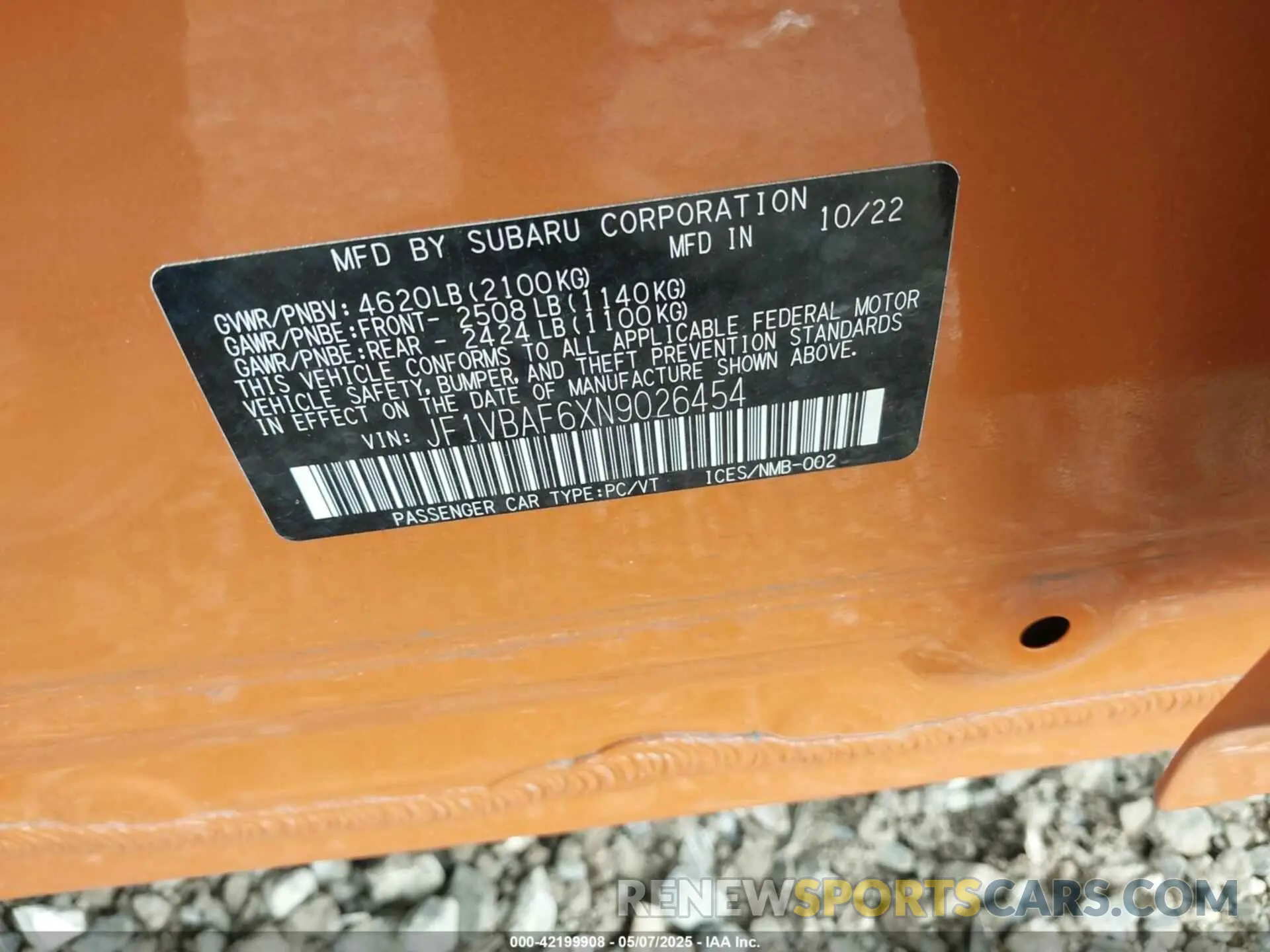 9 Photograph of a damaged car JF1VBAF6XN9026454 SUBARU WRX 2022