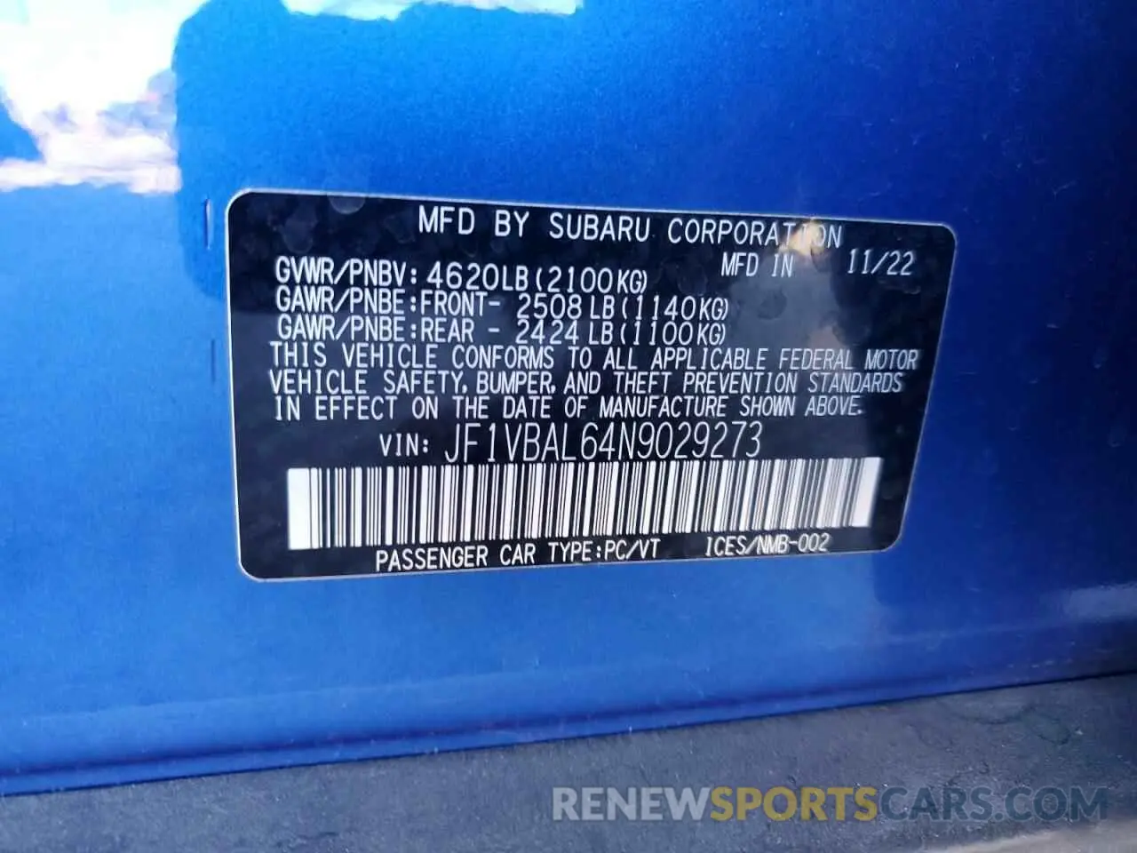 14 Photograph of a damaged car JF1VBAL64N9029273 SUBARU WRX 2022