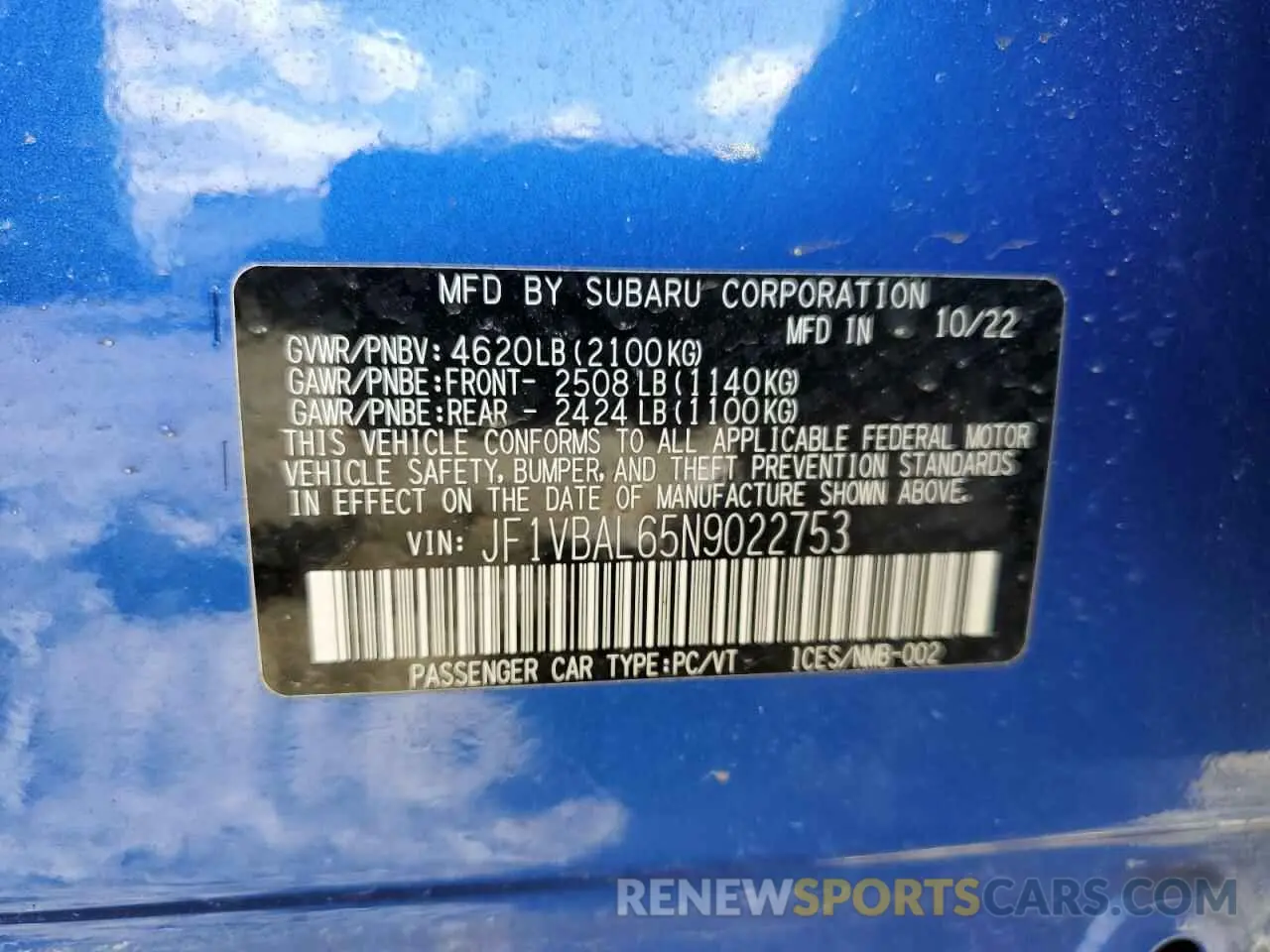 12 Photograph of a damaged car JF1VBAL65N9022753 SUBARU WRX 2022