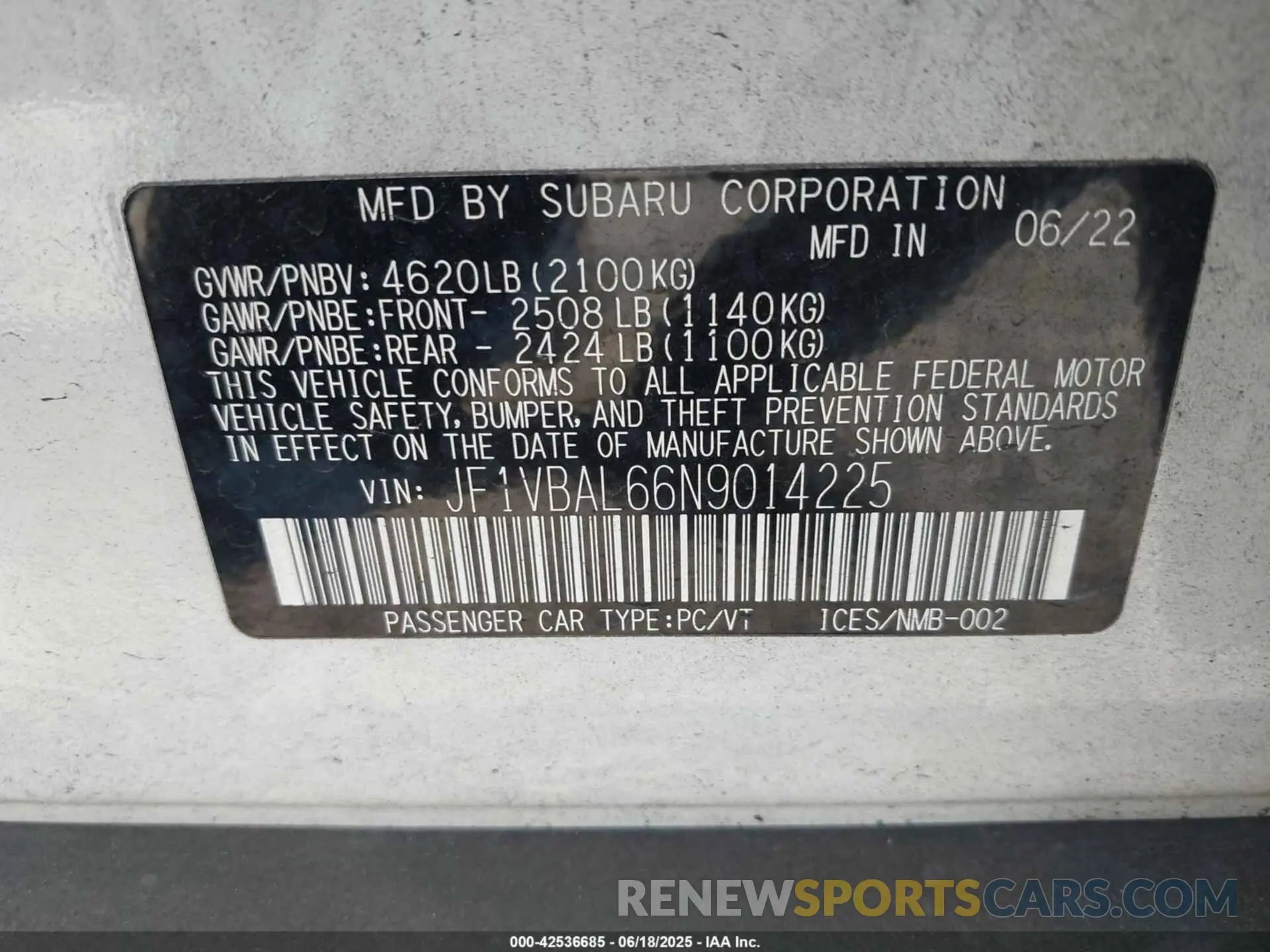 9 Photograph of a damaged car JF1VBAL66N9014225 SUBARU WRX 2022