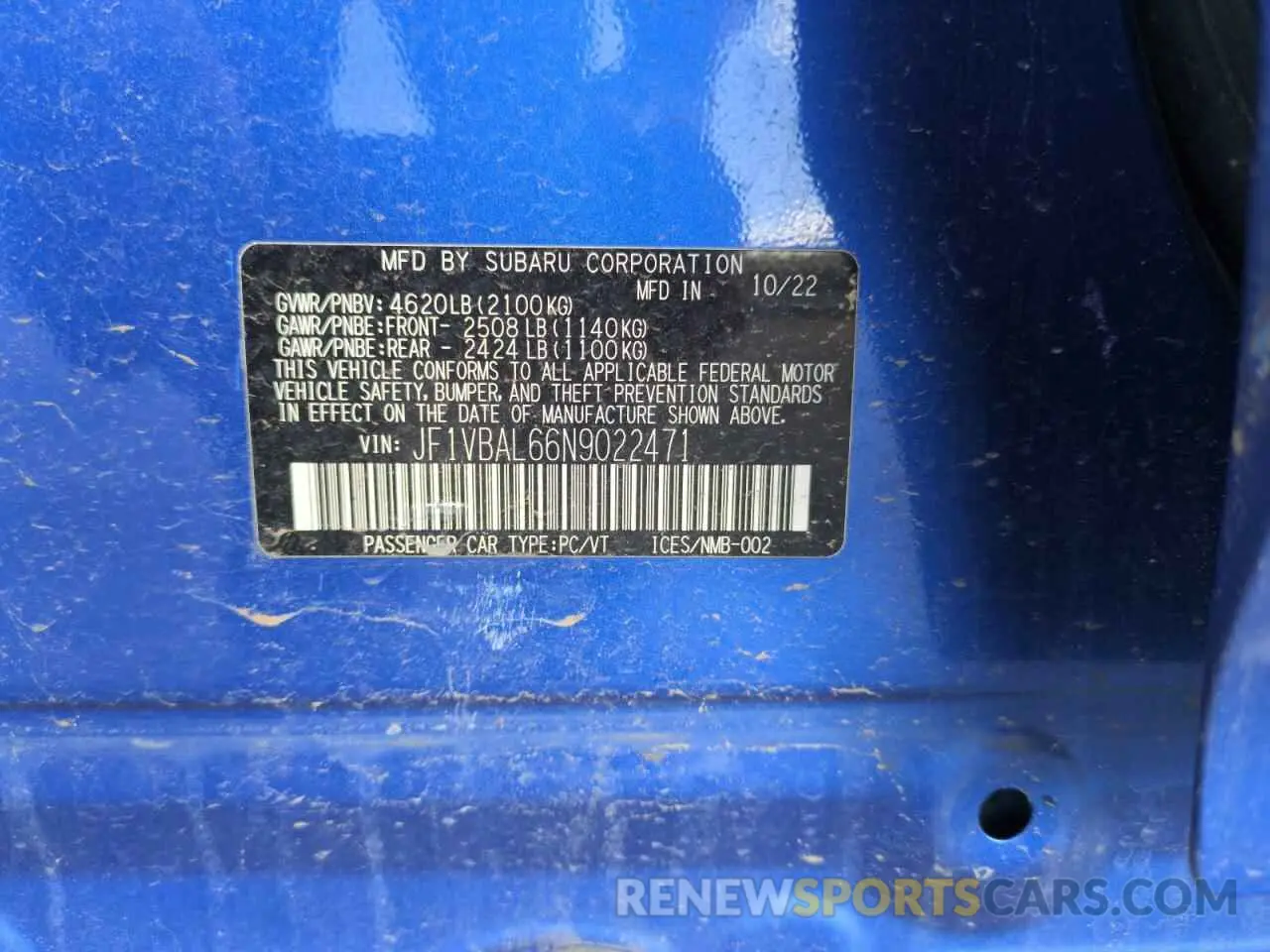 13 Photograph of a damaged car JF1VBAL66N9022471 SUBARU WRX 2022