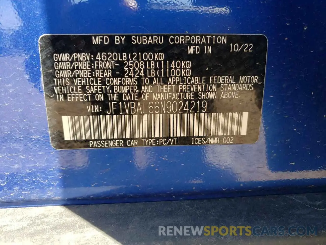 12 Photograph of a damaged car JF1VBAL66N9024219 SUBARU WRX 2022