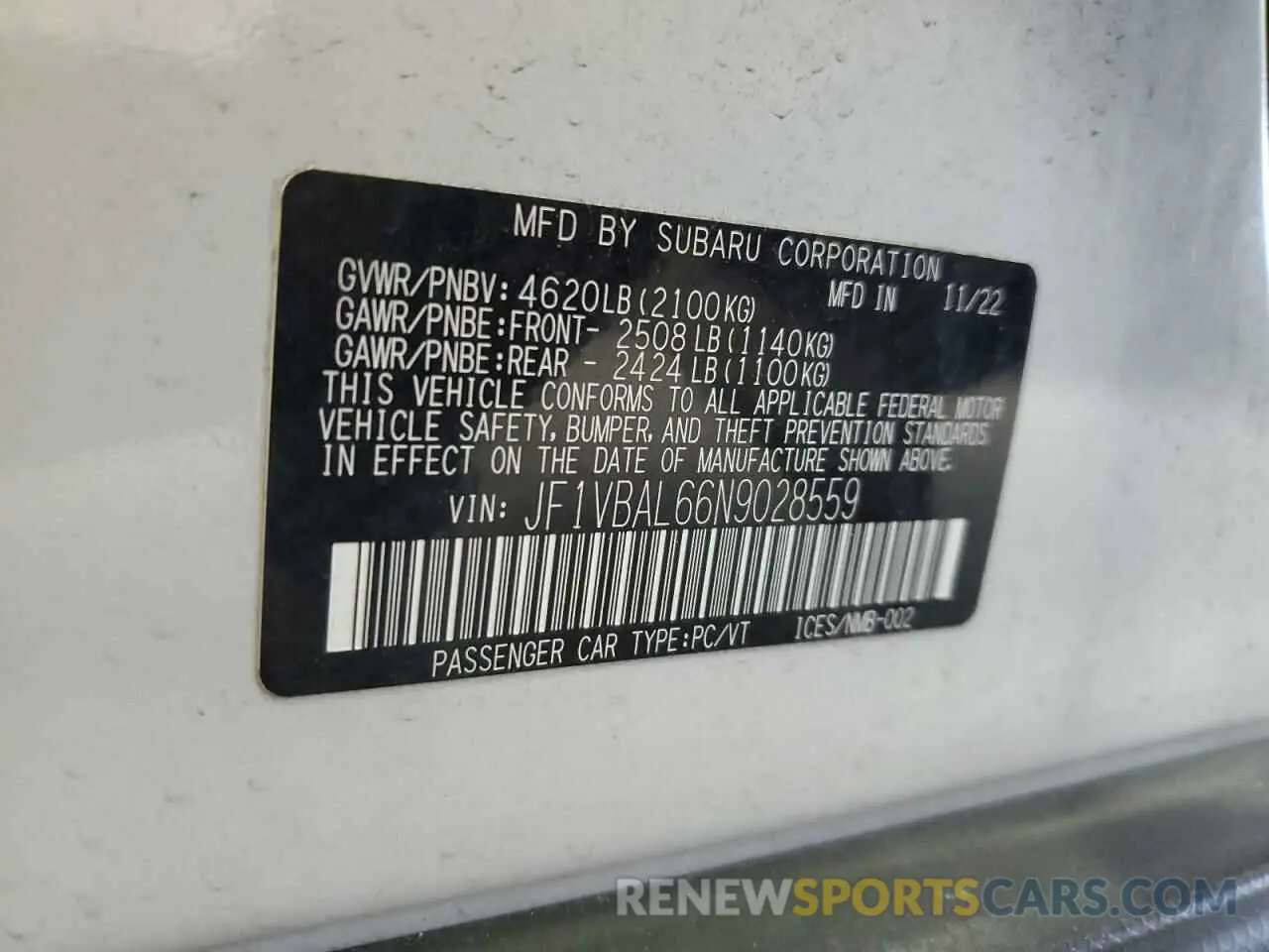 12 Photograph of a damaged car JF1VBAL66N9028559 SUBARU WRX 2022