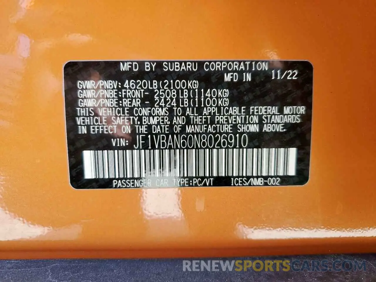 12 Photograph of a damaged car JF1VBAN60N8026910 SUBARU WRX 2022
