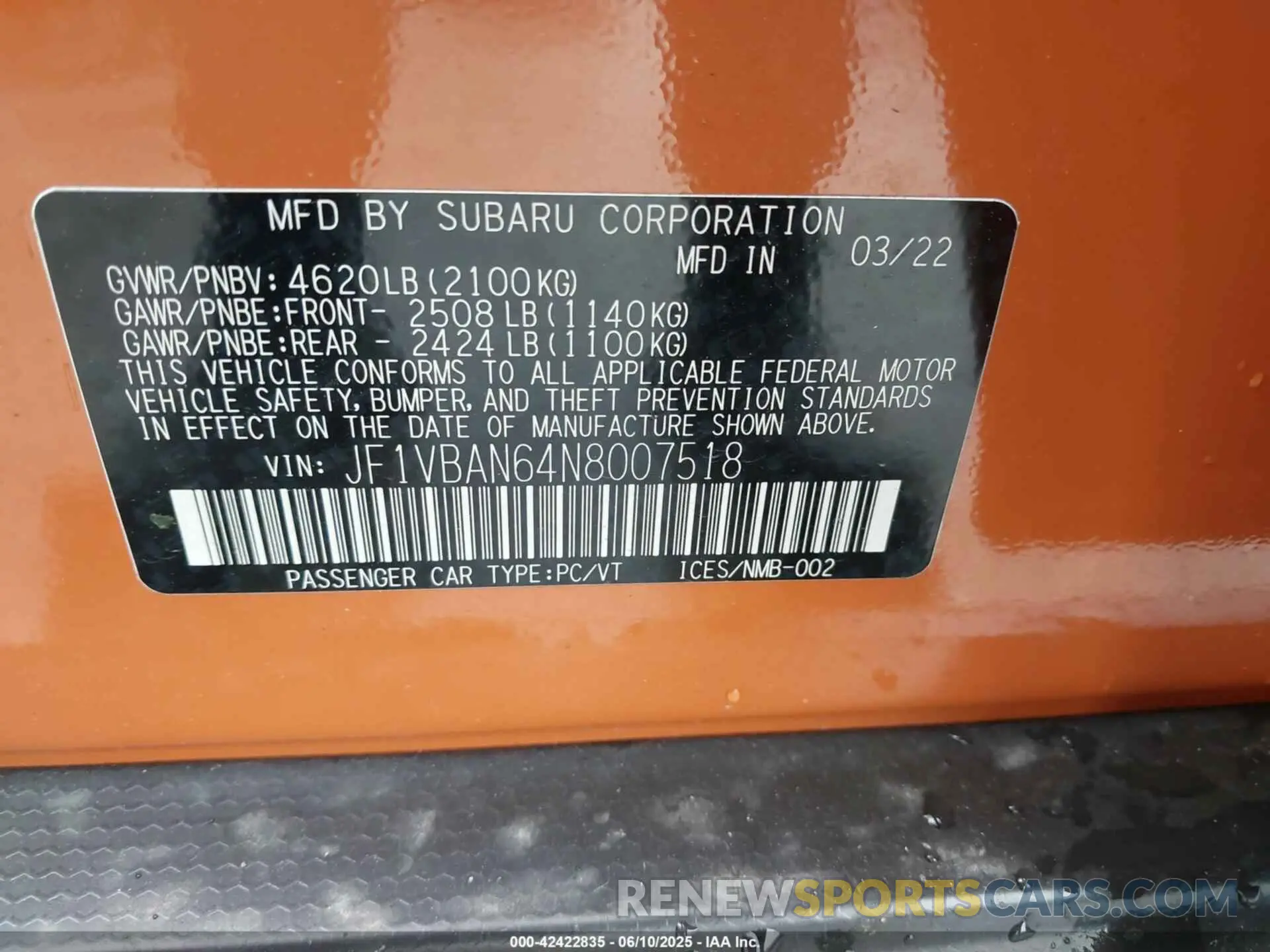 9 Photograph of a damaged car JF1VBAN64N8007518 SUBARU WRX 2022