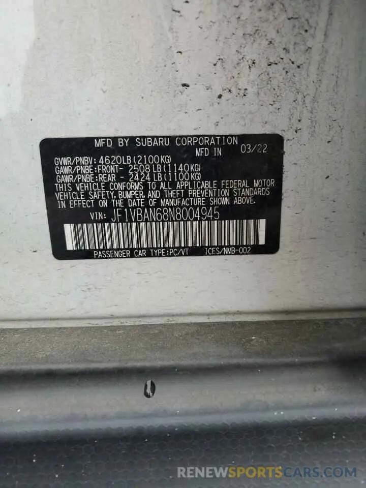 12 Photograph of a damaged car JF1VBAN68N8004945 SUBARU WRX 2022