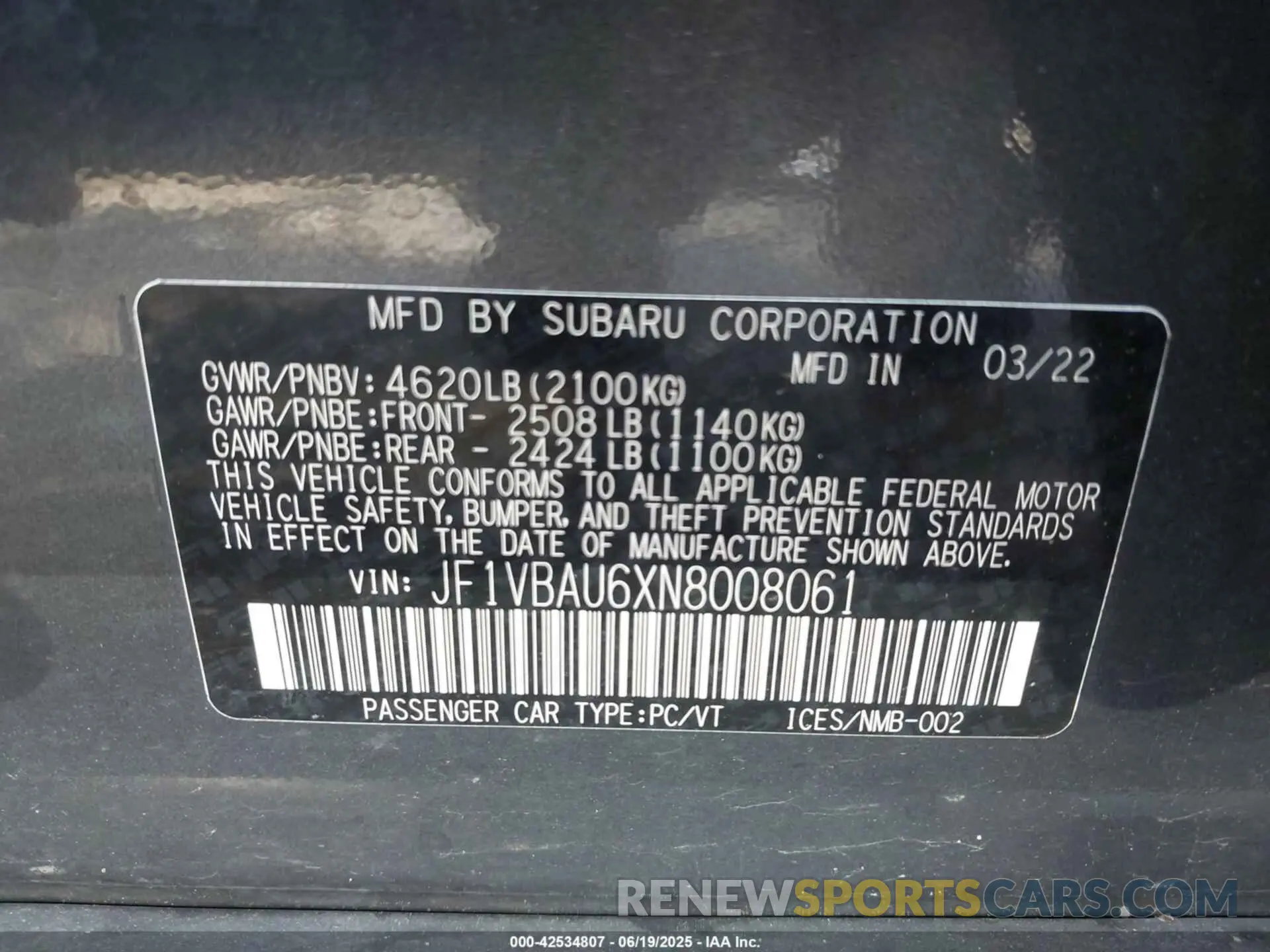 9 Photograph of a damaged car JF1VBAU6XN8008061 SUBARU WRX 2022