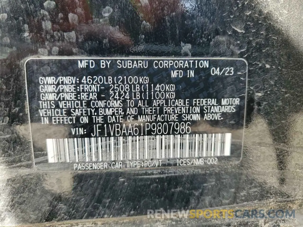 12 Photograph of a damaged car JF1VBAA61P9807986 SUBARU WRX 2023