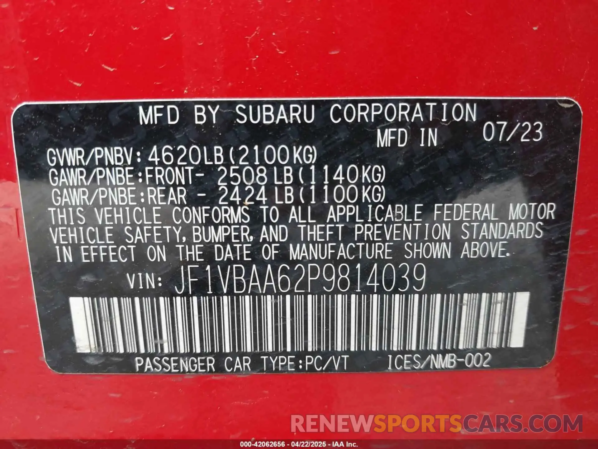 9 Photograph of a damaged car JF1VBAA62P9814039 SUBARU WRX 2023